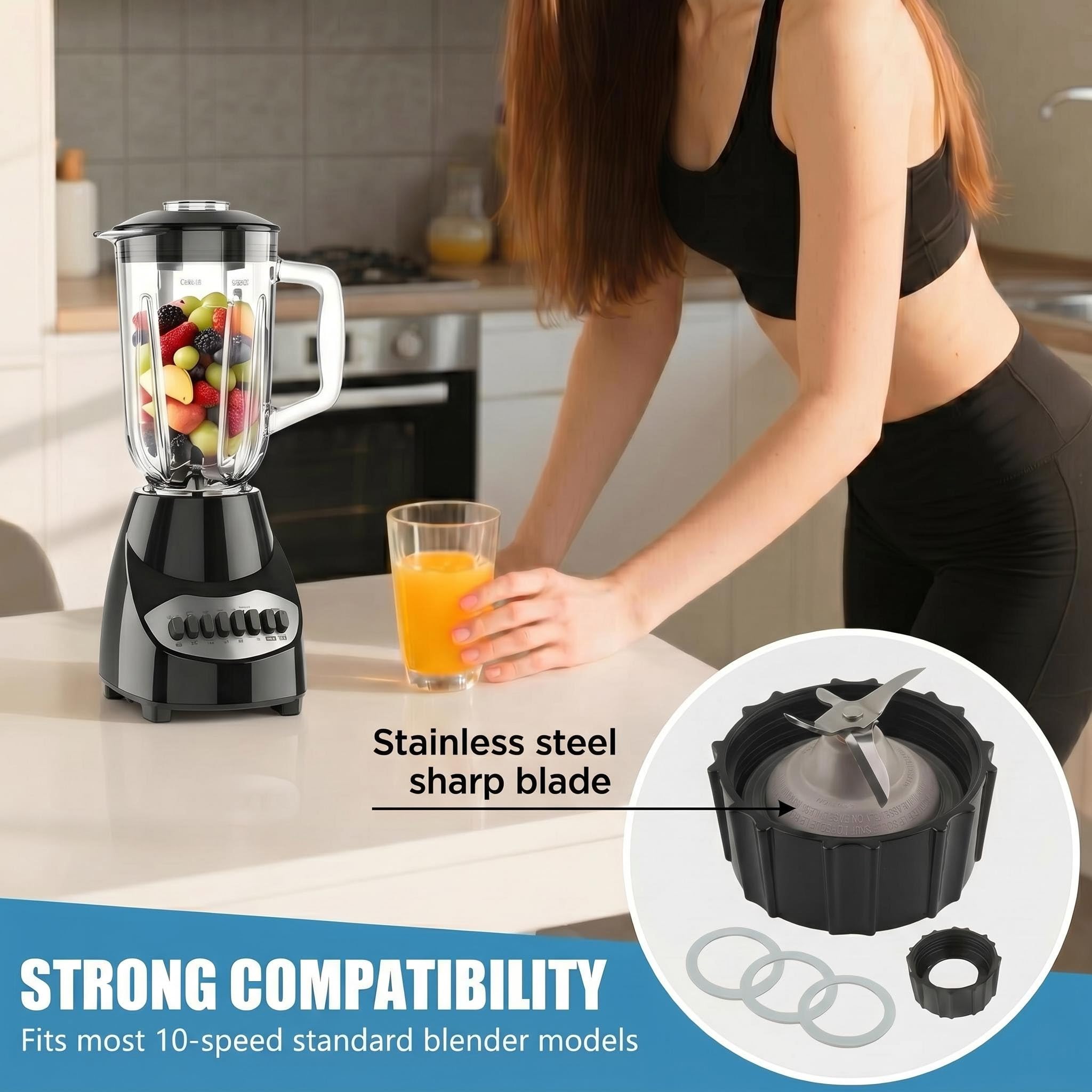 for Black & Decker Blender Replacement Parts Stainless Steel Blender Blade Compatible Blenders BL2020S BL2010WP BL2010BPA with Jar Base Cap and 3 Rubber O Ring Seal Gasket Accessory Refresh Kit - Image 4