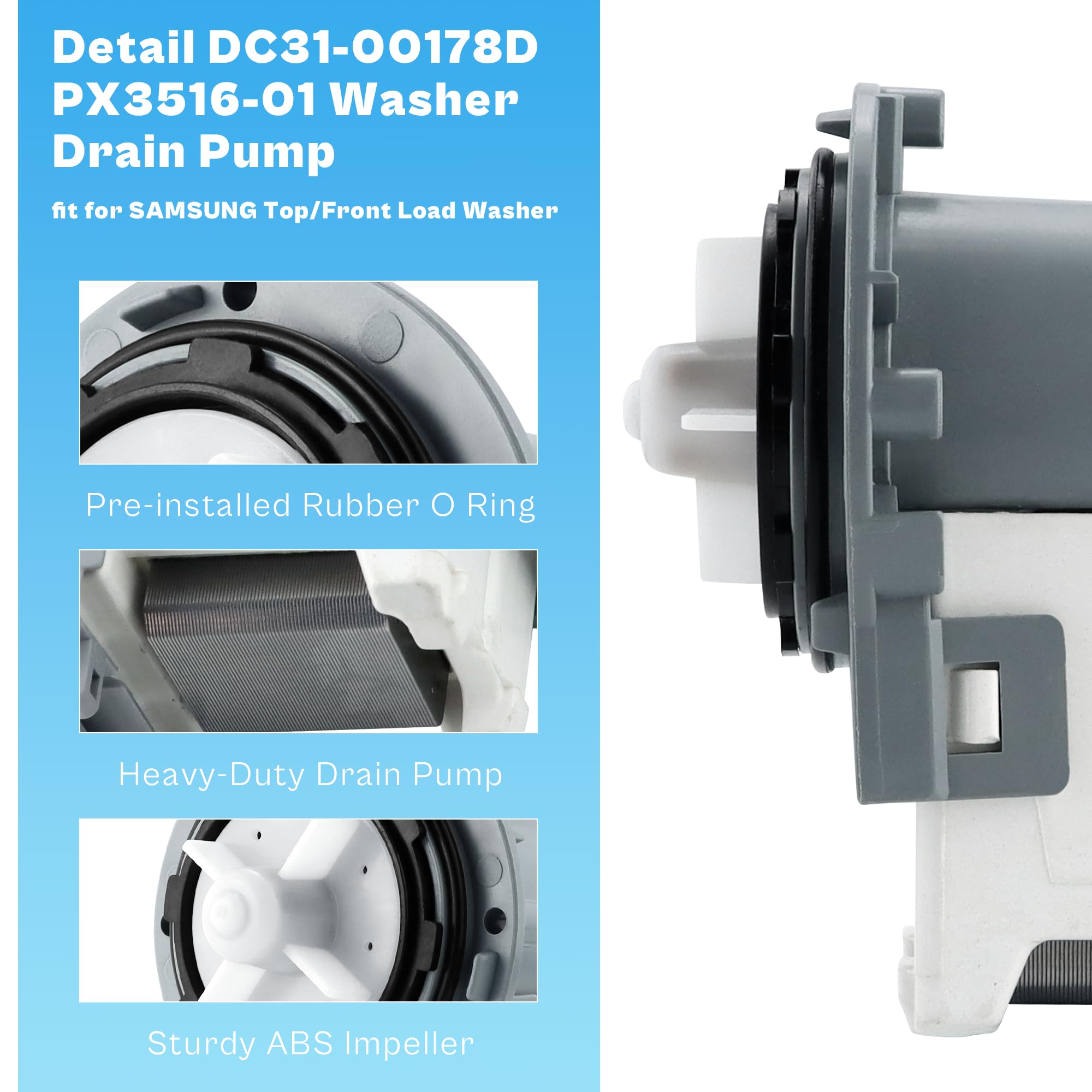 DC97-20621A Washer Drain Pump Motor fit for Samsung OEM Vrt Washer Drain Pump DC31-00178A PX3516-01 DC3100187A DC97-19289F DC97-19280F DC31-00178D B35-3A B40-3 WF42H5000AW by prime&swift