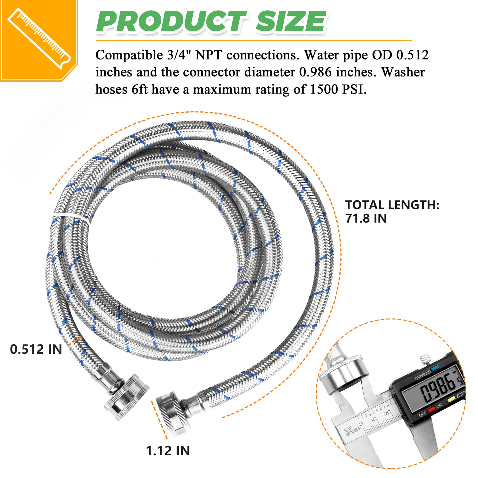 6Ft Stainless Steel Washing Machine Hoses Burst Proof Hot and Cold Water Supply Hoses Universal for All Washers by Techecook - 2Pack Premium Water Supply Lines - 10 Years Warranty - Image 7
