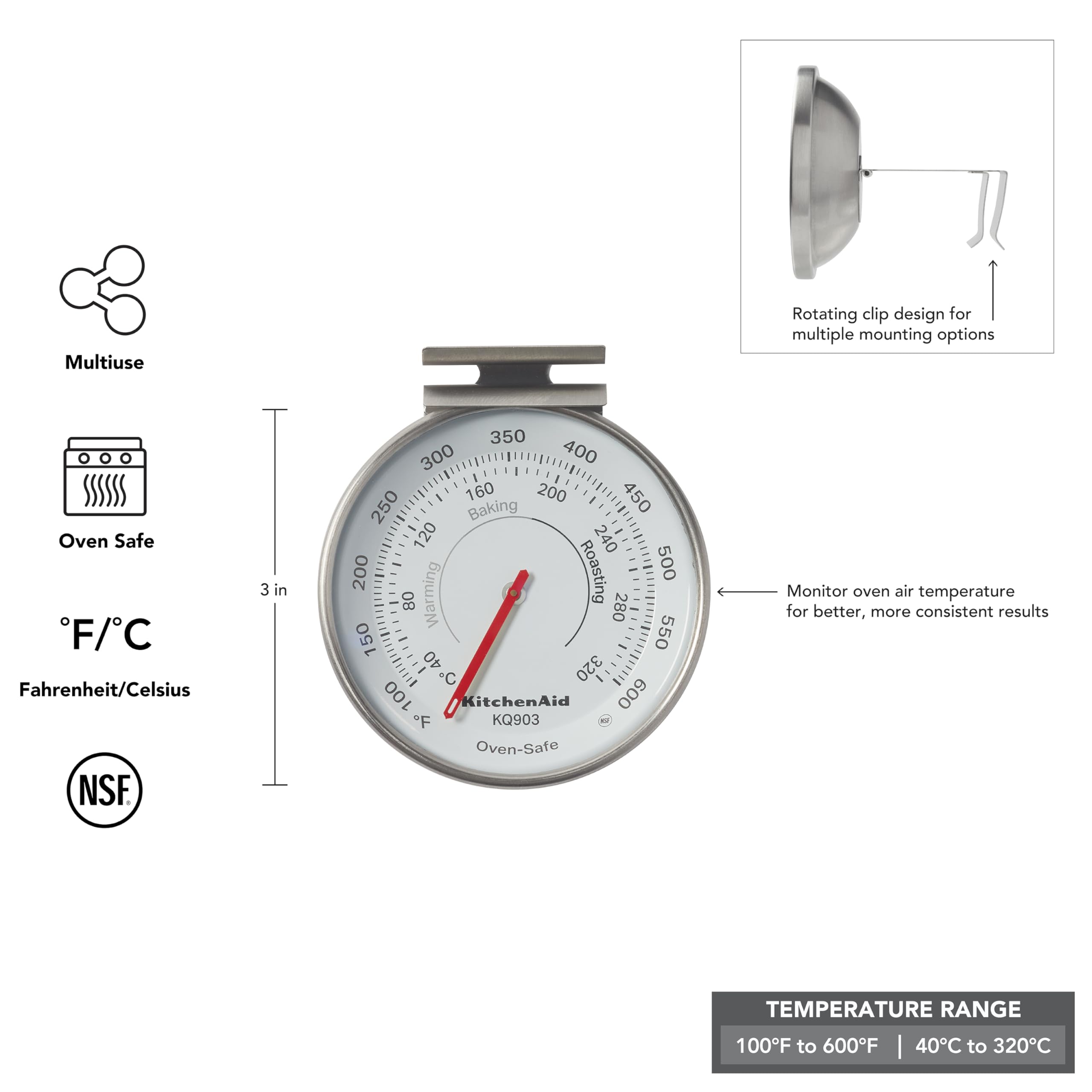 KitchenAid 3-in Dial Oven Thermometer, Temperature Range: 100°F to 600°F - Image 3