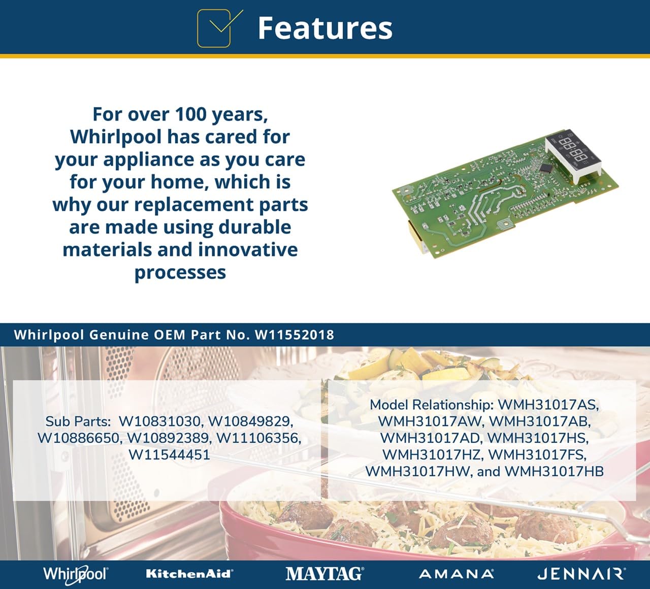Whirlpool W11552018 Genuine OEM Microwave Electronic Control Board Replacement Part - Replaces W10831030, W11106356, W10849829, W10886650, W10892389, and W11544451