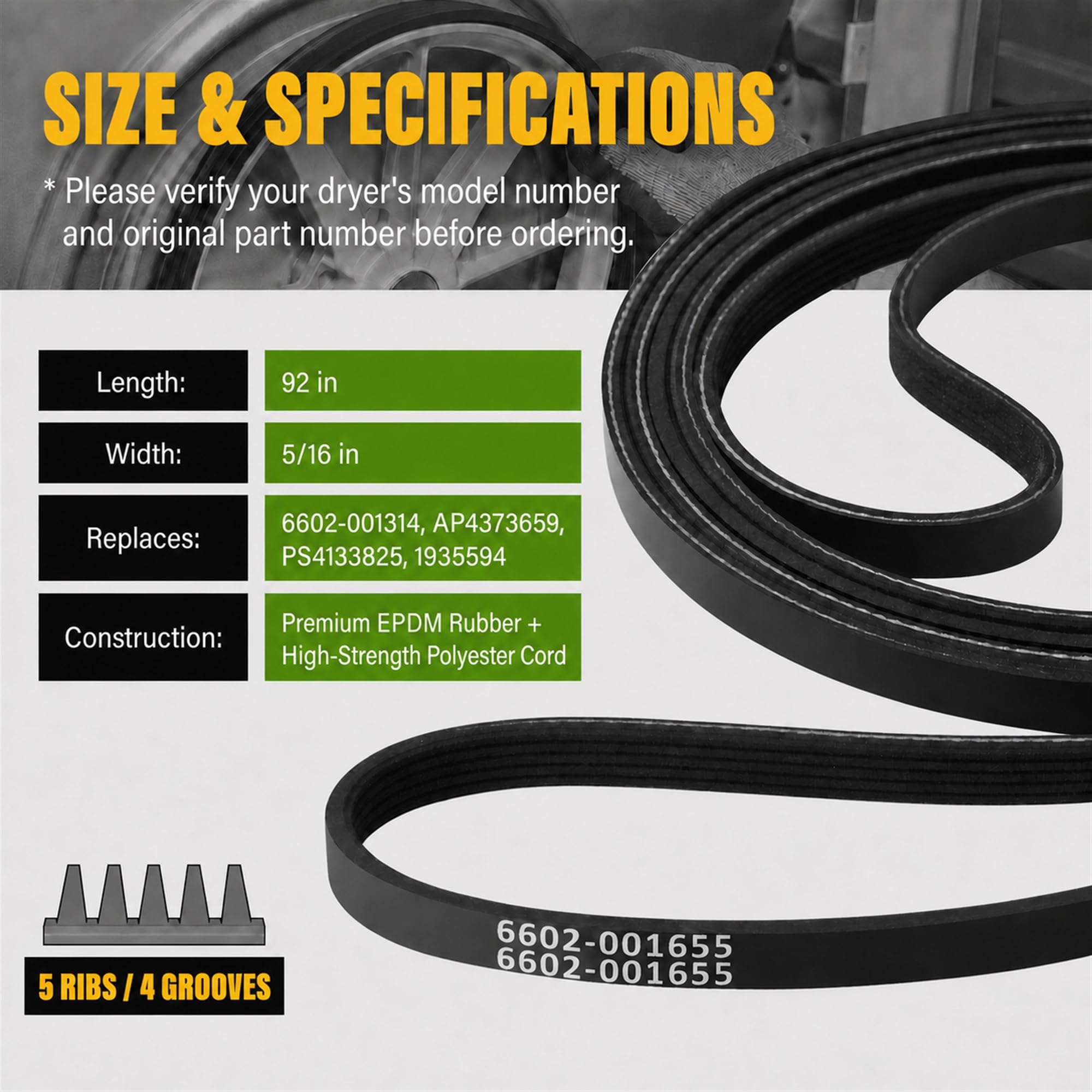 JZWON 6602-001655 Dryer Drum Drive Belt, 92-Inch x 5/16-Inch, 5-Rib 4-Groove Replacement for Select Samsung and Kenmore Dryers, Replaces 6602-001314, AP4373659, PS4133825 - Image 4