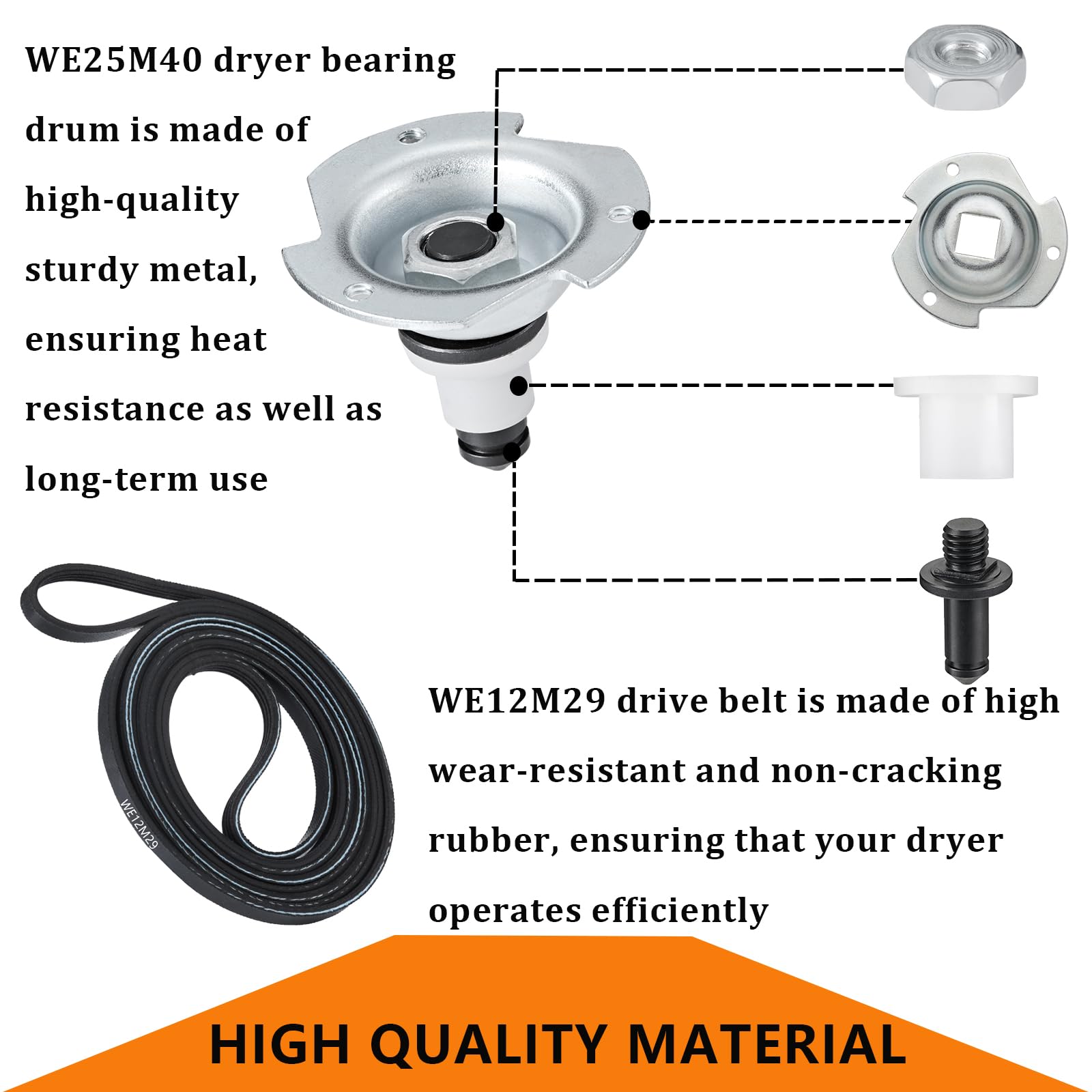 WE25X205 WE25M40 Dryer Drum Bearing Replacemnt Kit Contains WE12M29 Drum Drive Belt WE1M333 Drum Bearing Slide - Compatible With GE Hotpoint Replaces AP2619300,784658,PS267529 - Image 3