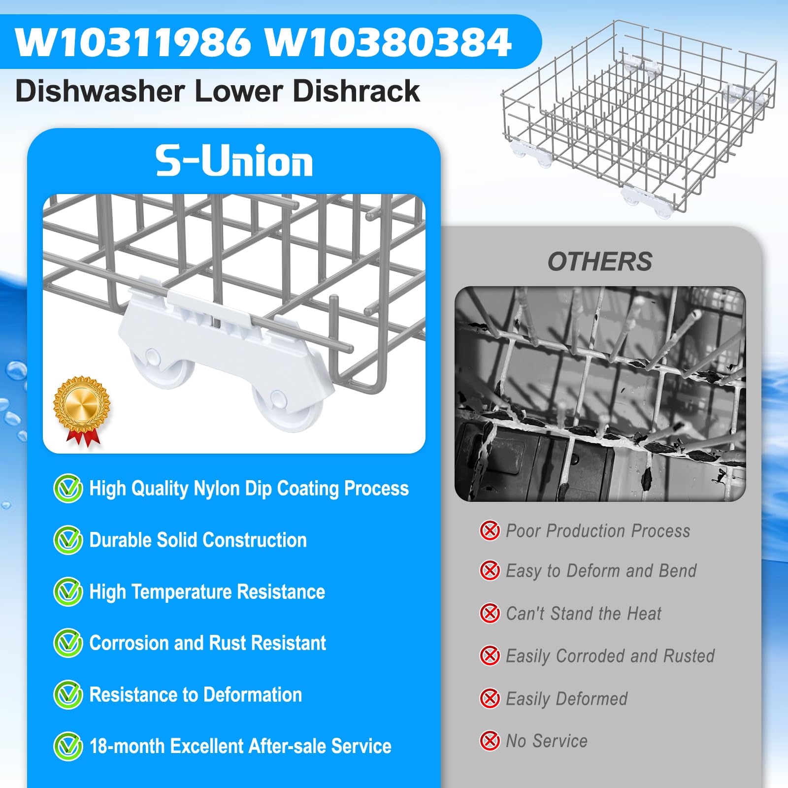 UPGRADED W10311986 W10380384 Dishwasher Lower Rack Assembly for Whirlpool Kenmore Dishwasher Rack Replacement Parts,W10311986 W11158802 Whirlpool Dishwasher Bottom Rack with Wheel Dishrack - Image 7