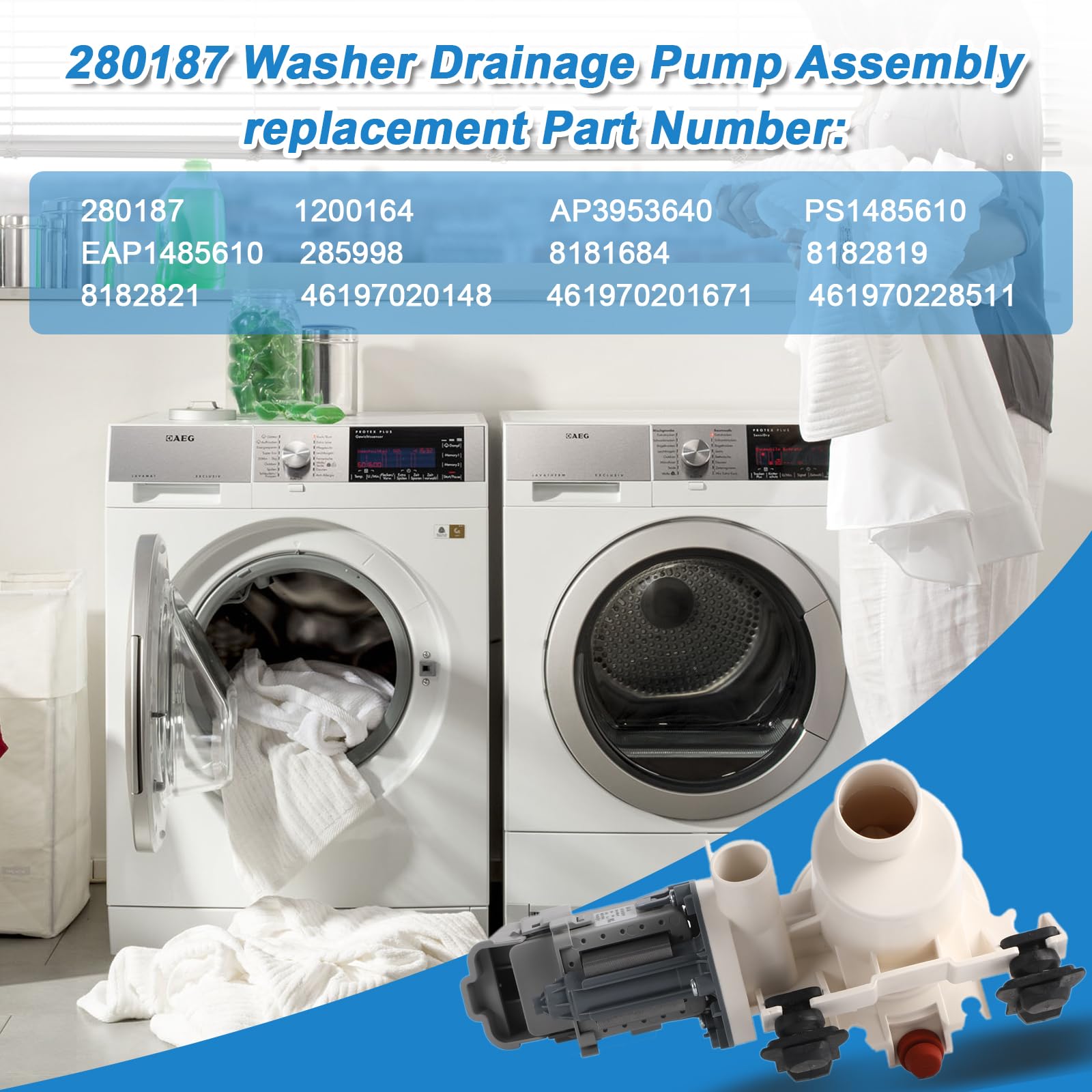NEW 280187 8181684 Front Load Clothes Washer Drain Pump Filter Assembly Compatible with Whirlpool Duet Maytag Epic Kenmore HE Front Load Washers-(Installation instructions included)