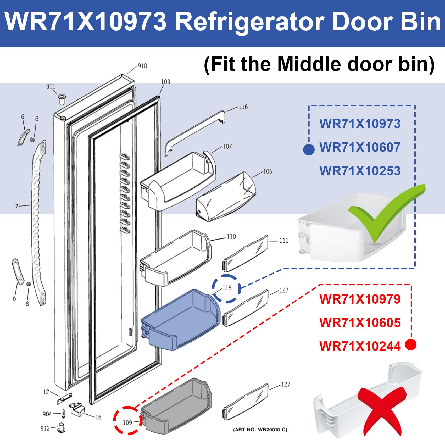 UPGRADED WR71X10973 Refrigerator Door Bin Shelf Replacement Compatible with General Electric (GE) HotPoint Fridge Middle Shelf Parts (NO FRONT)Replace WR71X10253,WR71X10607,2313915,AP5628753,PS3513394 - Image 5