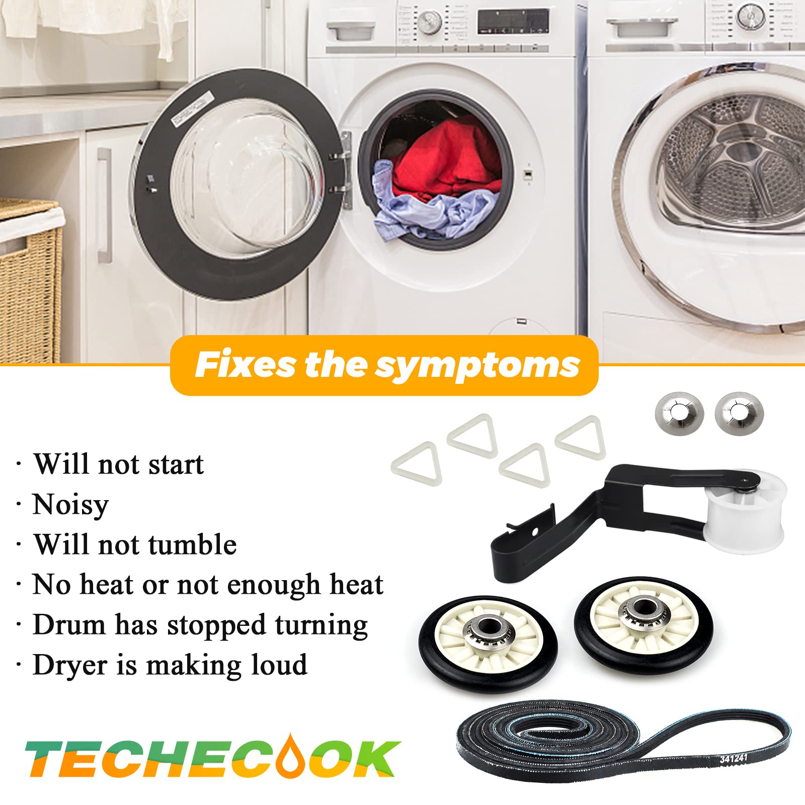 4392065 Dryer Repair Kit with 349241T Drum Roller Kit, 691366 Idler Pulley and 341241 Belt by Techecook - Replacement for Whirlpool & Kenmore Dryers - Replaces 587636 AP3098345 wed4815ew1 ned4655ew1