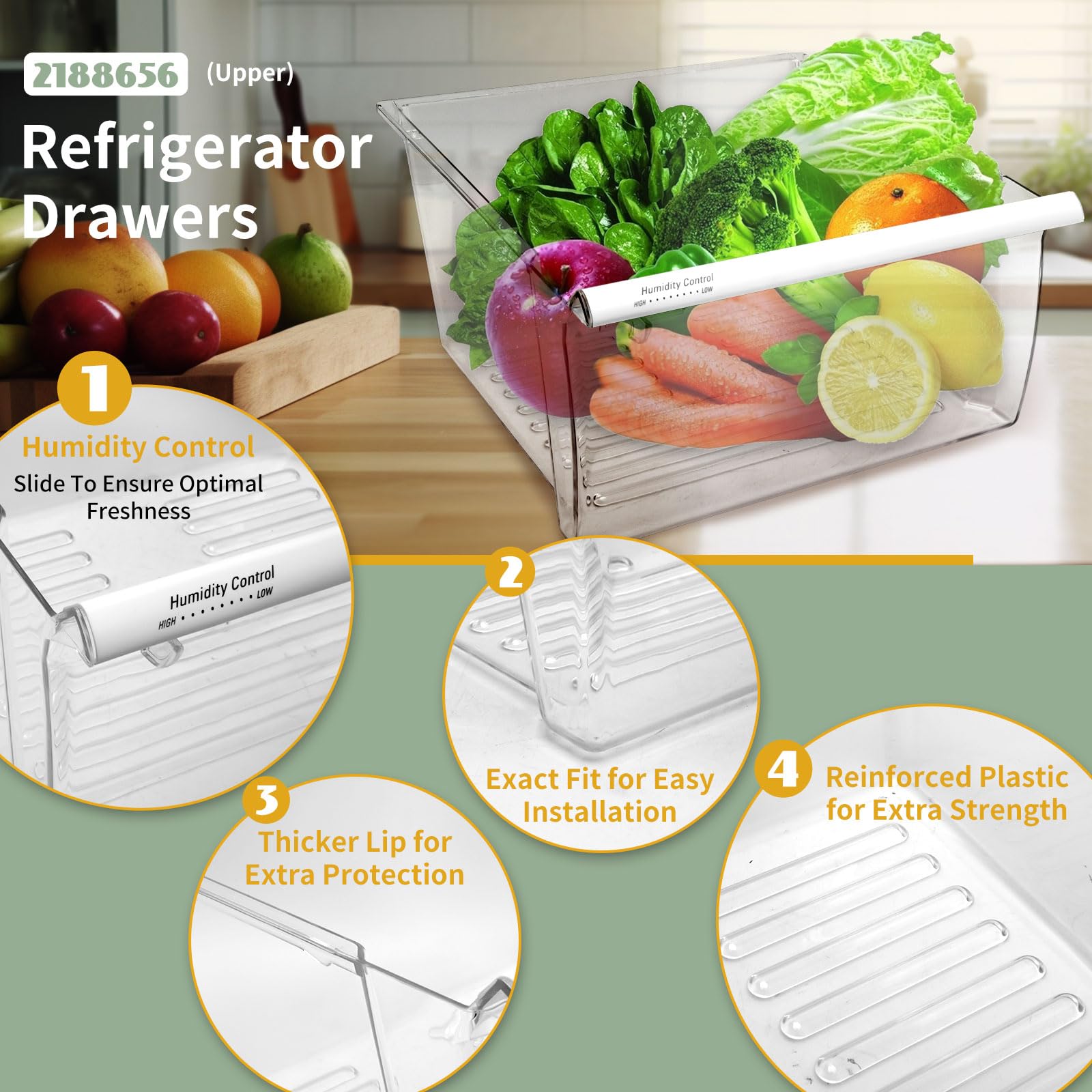 2188656 Crisper Bin, compatible with Whirlpool Refrigerator,Fridge Drawers,Kenmore Refrigerator Parts,Whirlpool Shelf Replacement- WP2188656,2188656 Fridge Crisper Drawer (Upper)