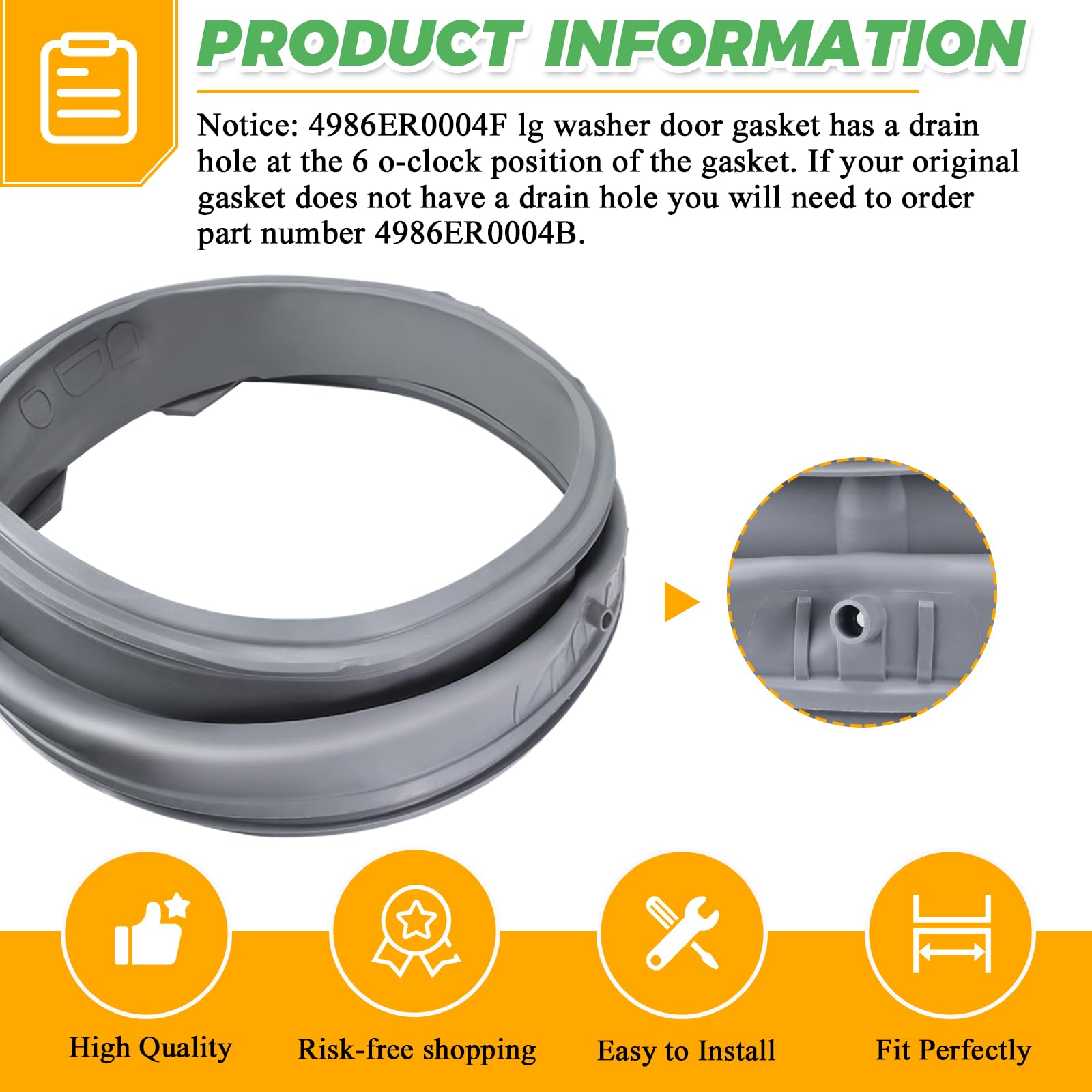 Upgraded 4986ER0004F Washer Door Gasket (OEM) Fit for KenMore LG Front Load Washers WM2250CW WM2101HW WM2050CW WM2301HR 4986ER0004J 4986ER0004K Washer Door Boot Seal with Drain Port by Techecook - Image 3
