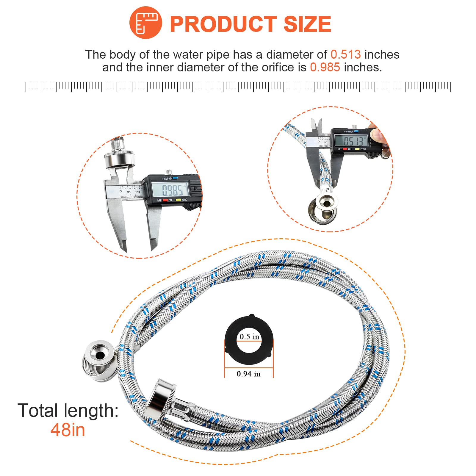 【UPGRADED】4FT Stainless Steel Washer Hoses with 90 Degree Elbows by Beaquicy - 2 Pack No-Lead Burst Proof Hot & Cold Water Connection Inlet Washer Supply Lines - Image 7