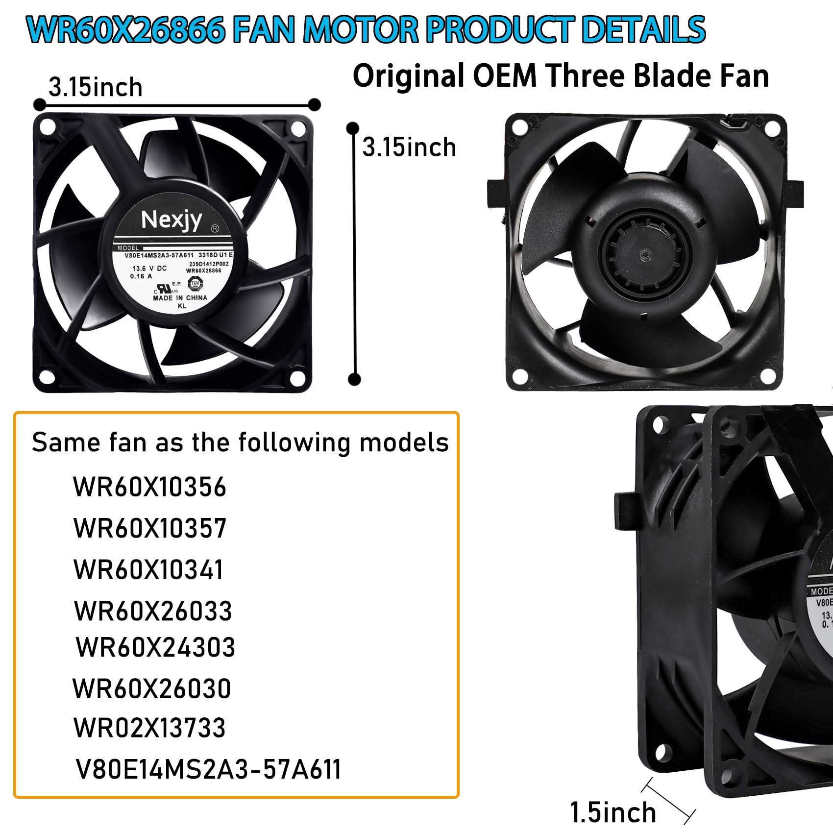 2026 Upgraded OEM WR60X26866 Refrigerator Evaporator Fan Motor for GE Refrigrator, Replace V80E14MS2A3-57A611, WR60X26030, WR60X10356, WR60X10357, Fix Noise, Stabilize Cooling -10 Years Warranty - Image 3