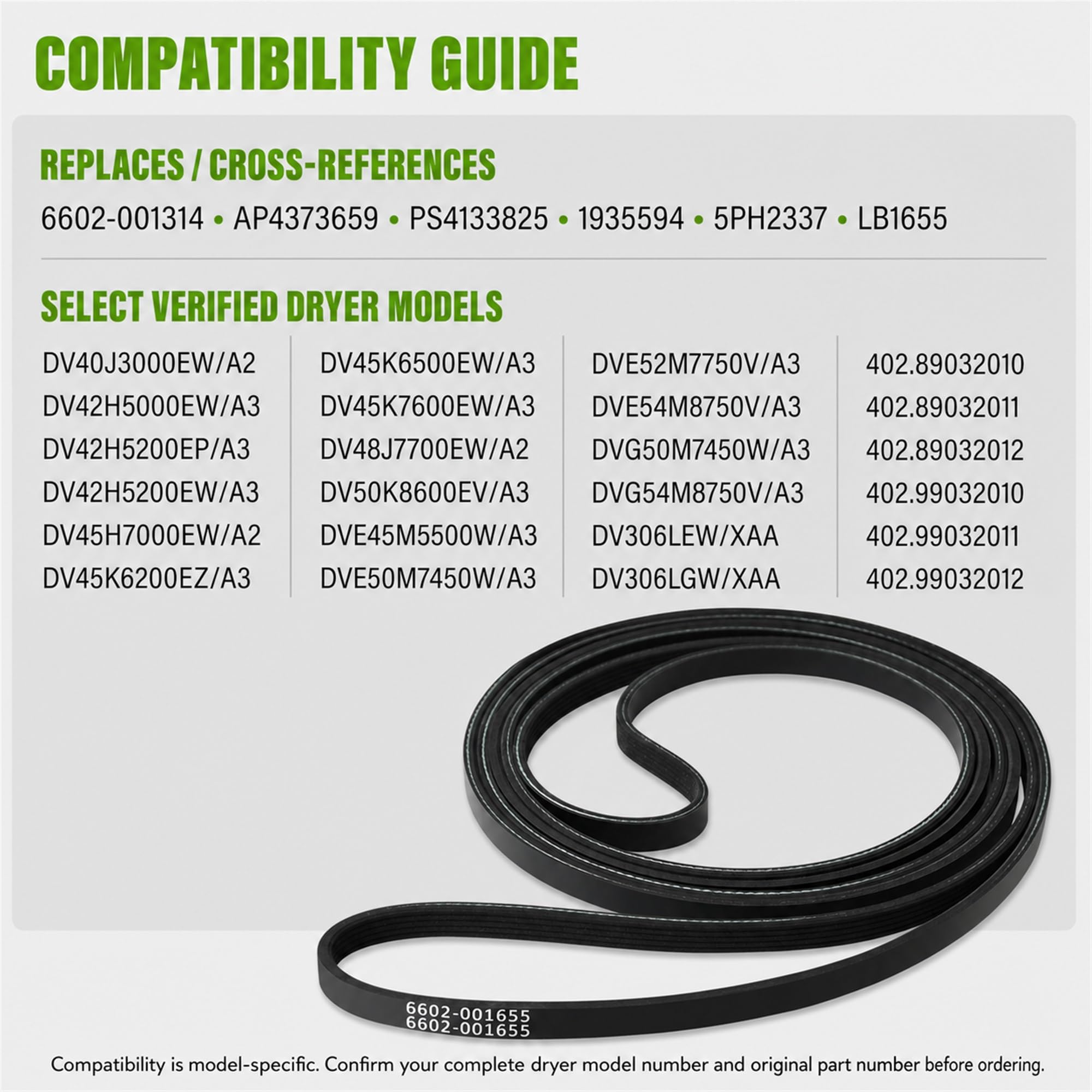 JZWON 6602-001655 Dryer Drum Drive Belt, 92-Inch x 5/16-Inch, 5-Rib 4-Groove Replacement for Select Samsung and Kenmore Dryers, Replaces 6602-001314, AP4373659, PS4133825