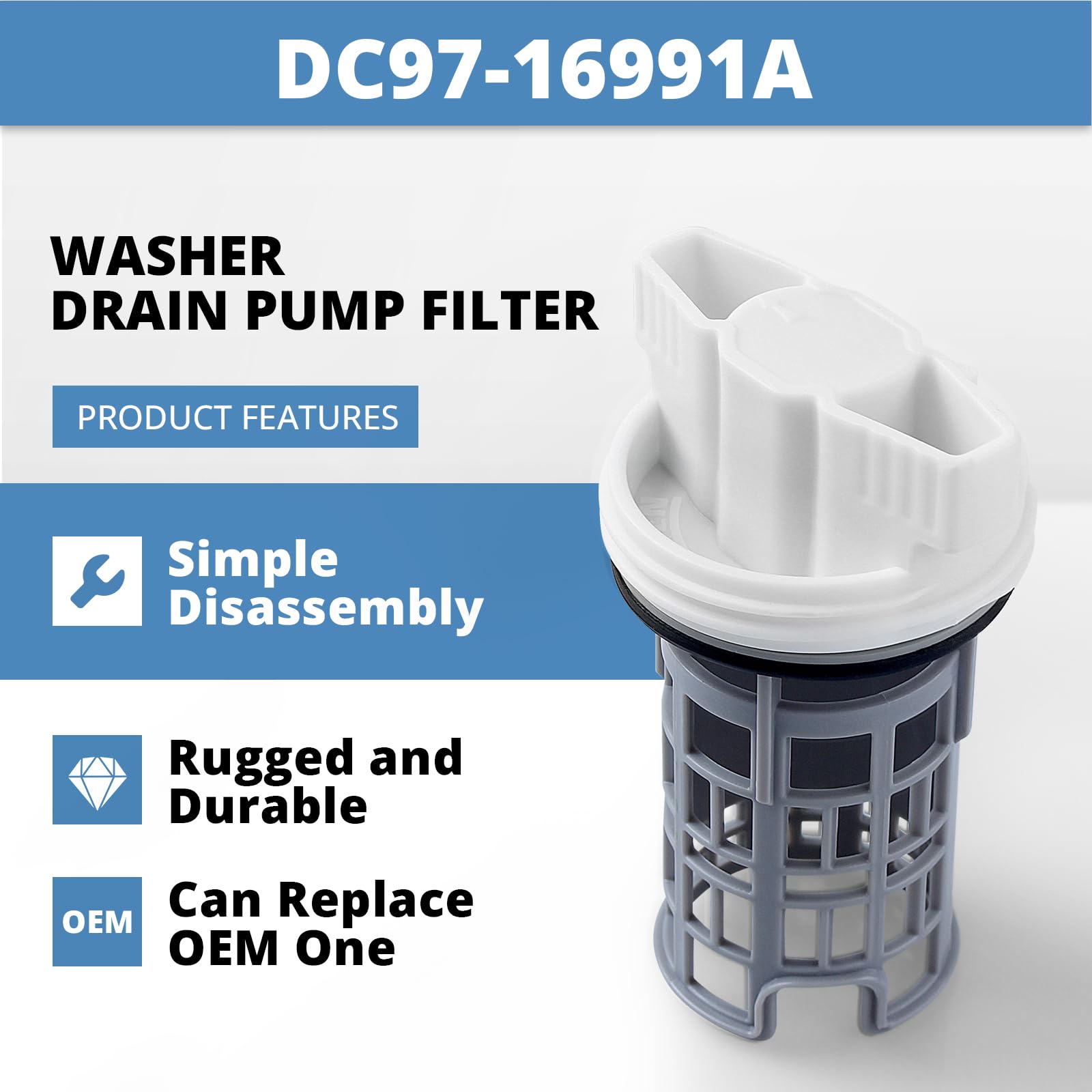 DC97-16991A Washer Drain Pump Filter Replacement for Samsung Washer Coin Trap Leak Proof WF42H5000AW WF42H5000AW/A2 WF42H5200AW/A2 WF45K6500AW/A2 WF45M5500A/WF45M5100A W45R6100A WF50K7500A - Image 3