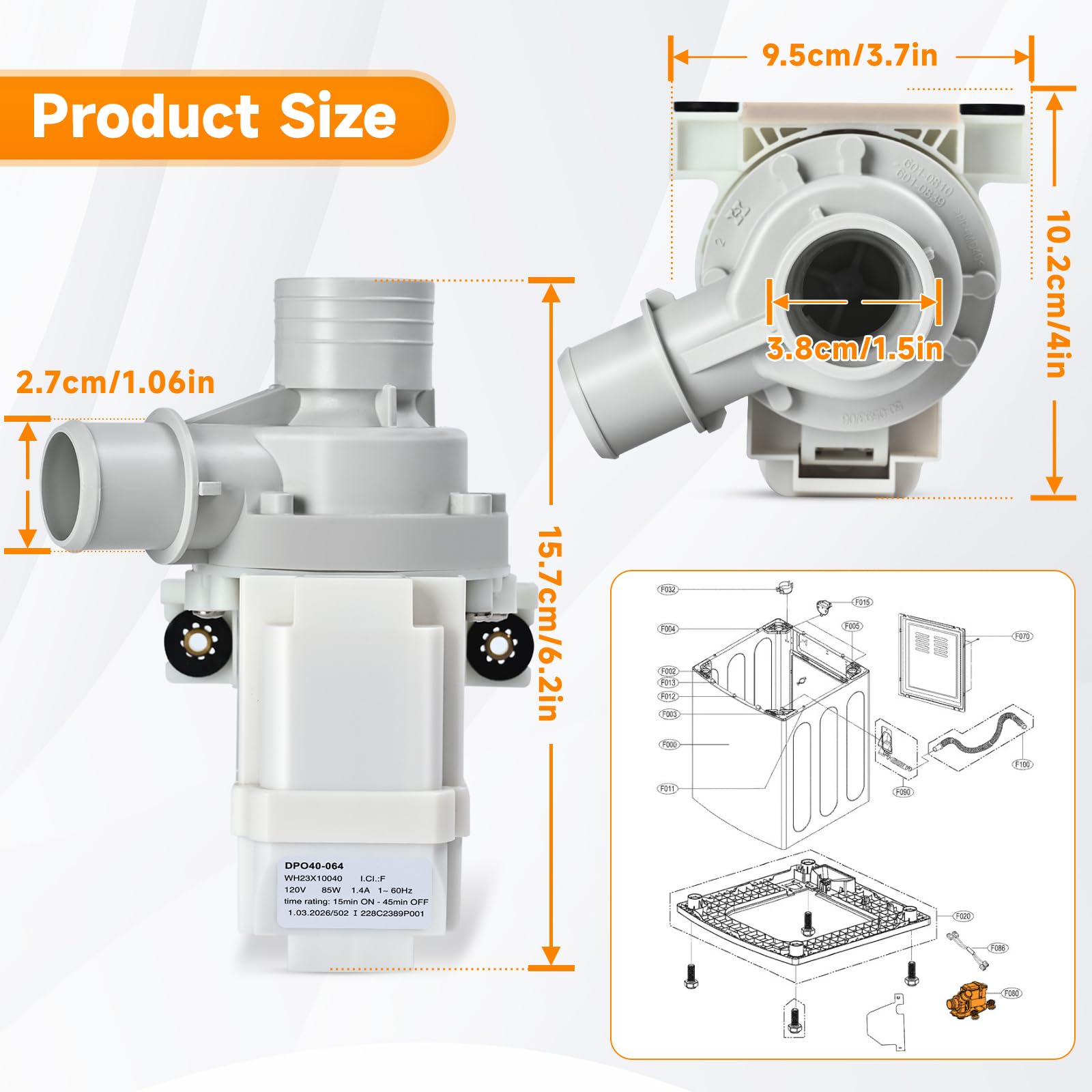 WH23X10040 DP040-064 Drain Pump Compatible with GE GUD27ESSM1WW Washer Pump