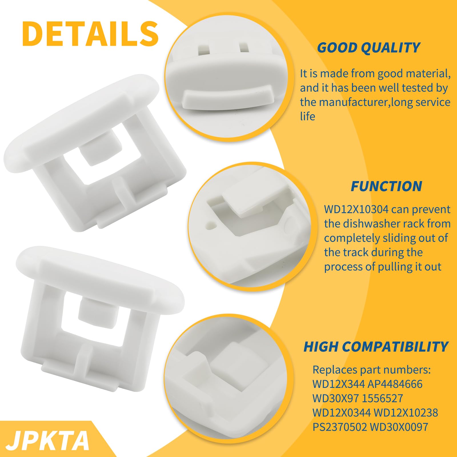 2 Pack WD12X10304 Dishwasher Upper Rack Slide End Cap Stop Clip Replacement Part by JPKTA Compatible with GE Hotpoint Kenmore Dishwashers Top Rack Repalces AP4484666 WD30X97 1556527 WD12X0344