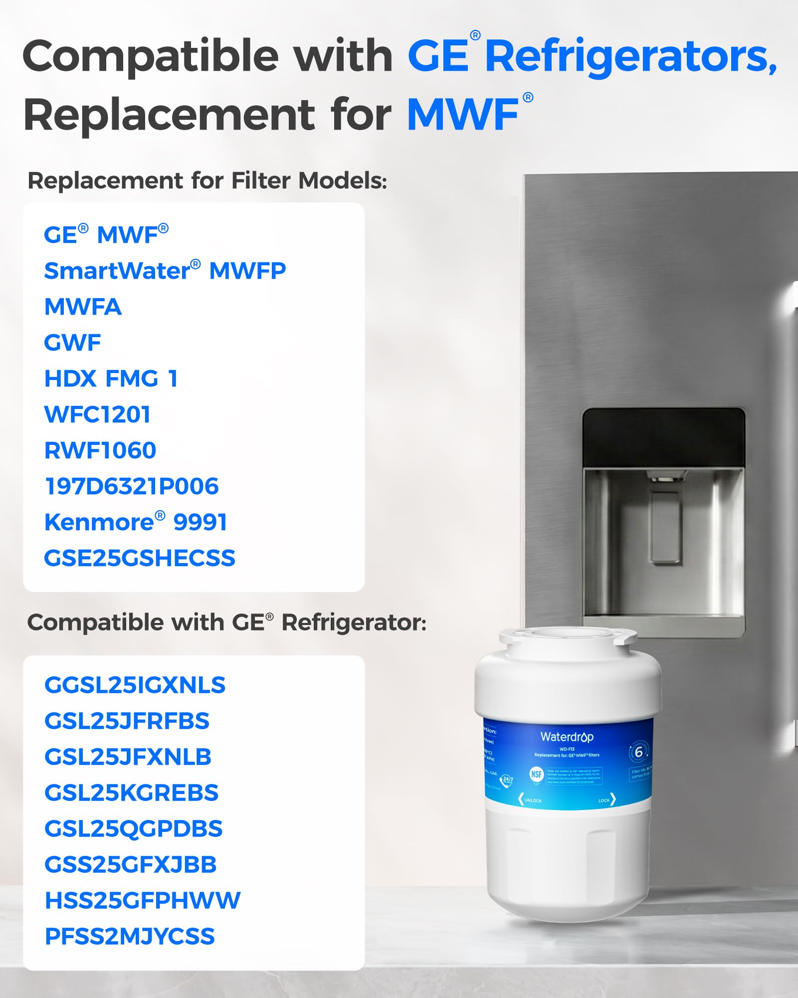 Waterdrop WD-F13 Refrigerator Water Filter Replacement for GE® MWF®, 3 Pack