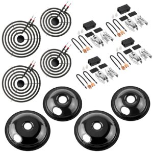 2026 MP22YA Electric Range Burner Element Unit Set with 330031 Range Burner Receptacle Kit & 5304430149 5304430150 Porcelain Drip Pan Set for Frigidaire Whirlpool Kenmore Maytag Range Oven