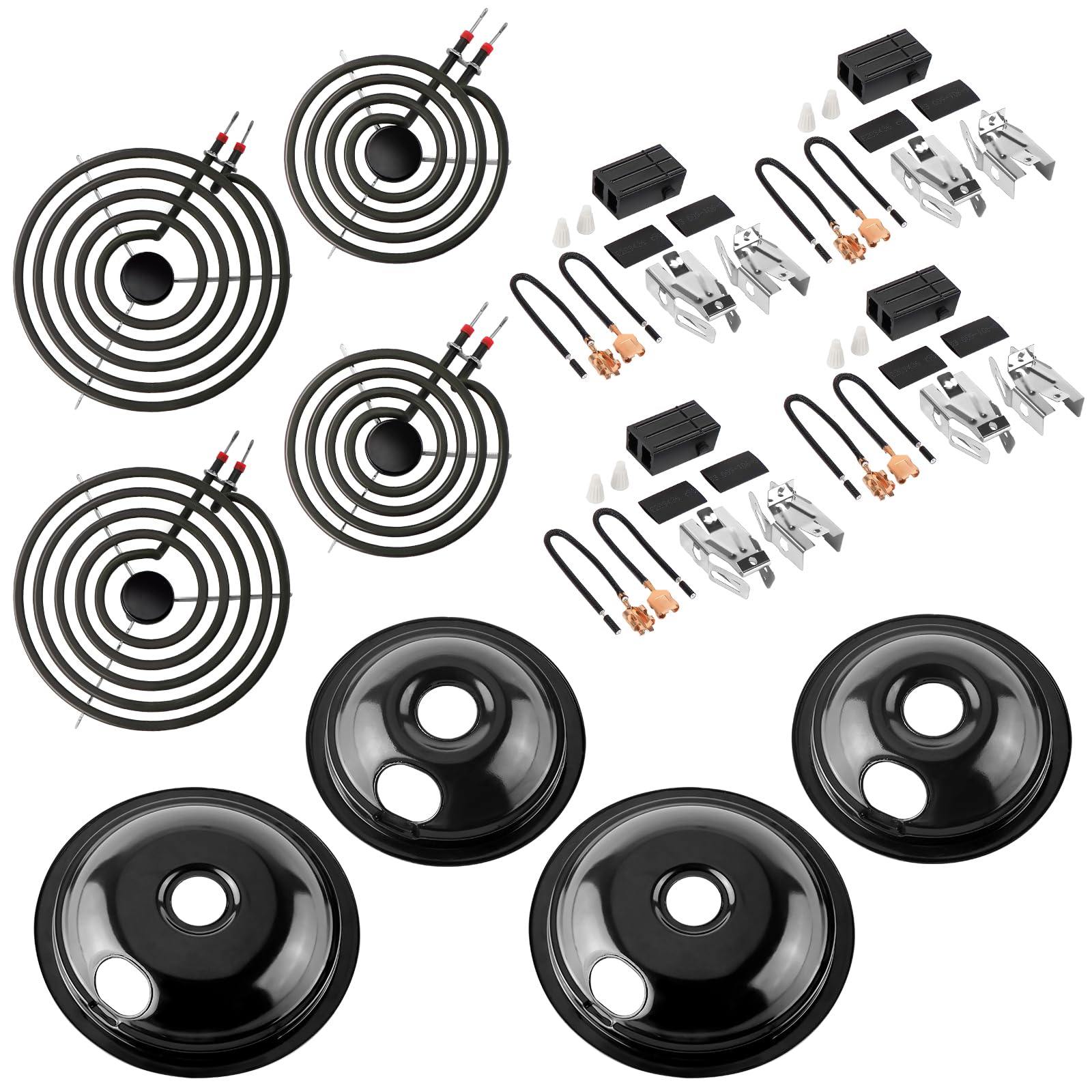 2026 MP22YA Electric Range Burner Element Unit Set with 330031 Range Burner Receptacle Kit & 5304430149 5304430150 Porcelain Drip Pan Set for Frigidaire Whirlpool Kenmore Maytag Range Oven
