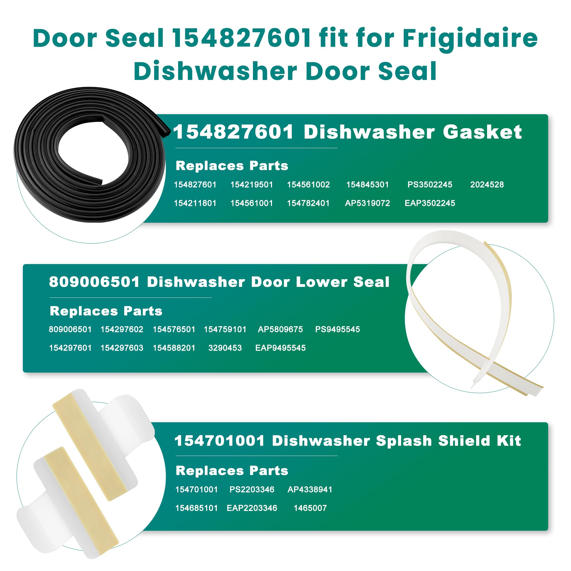 Dishwasher Door Seal Gasket fit for Frigidaire Gallery Kenmore Sears Electrolux Dishwasher Replacement Parts,Kit Includes Door Gasket 154827601,Lower Seal 809006501,Splash Shield 154701001 prime&swift - Image 6