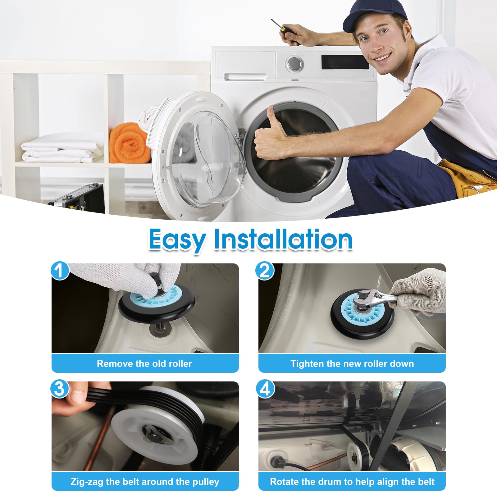 Dryer Repair Kit Replacement for Samsung Drum Roller DC97-16782A, Dryer Belt 6602-001655, Idler Pulley DC93-00634A, fits DV48H7400EW/A2 DV40J3000EW/A2 DV45H7000EW/A2 DV52J8700EP/A2 DV448AEP DV419AEW - Image 3