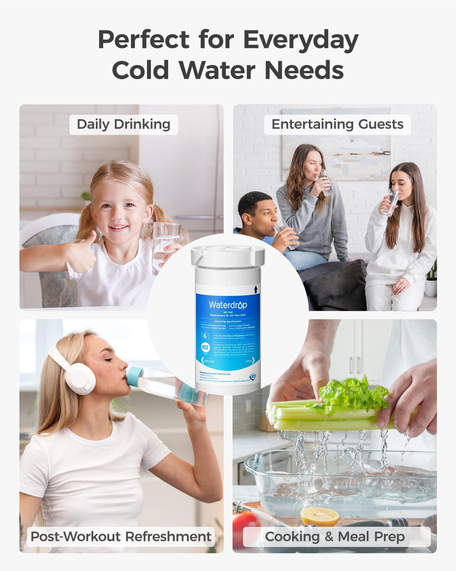 Waterdrop XWF Water Filter Replacement for GE® WR17X30702, 3 Pack, No chip