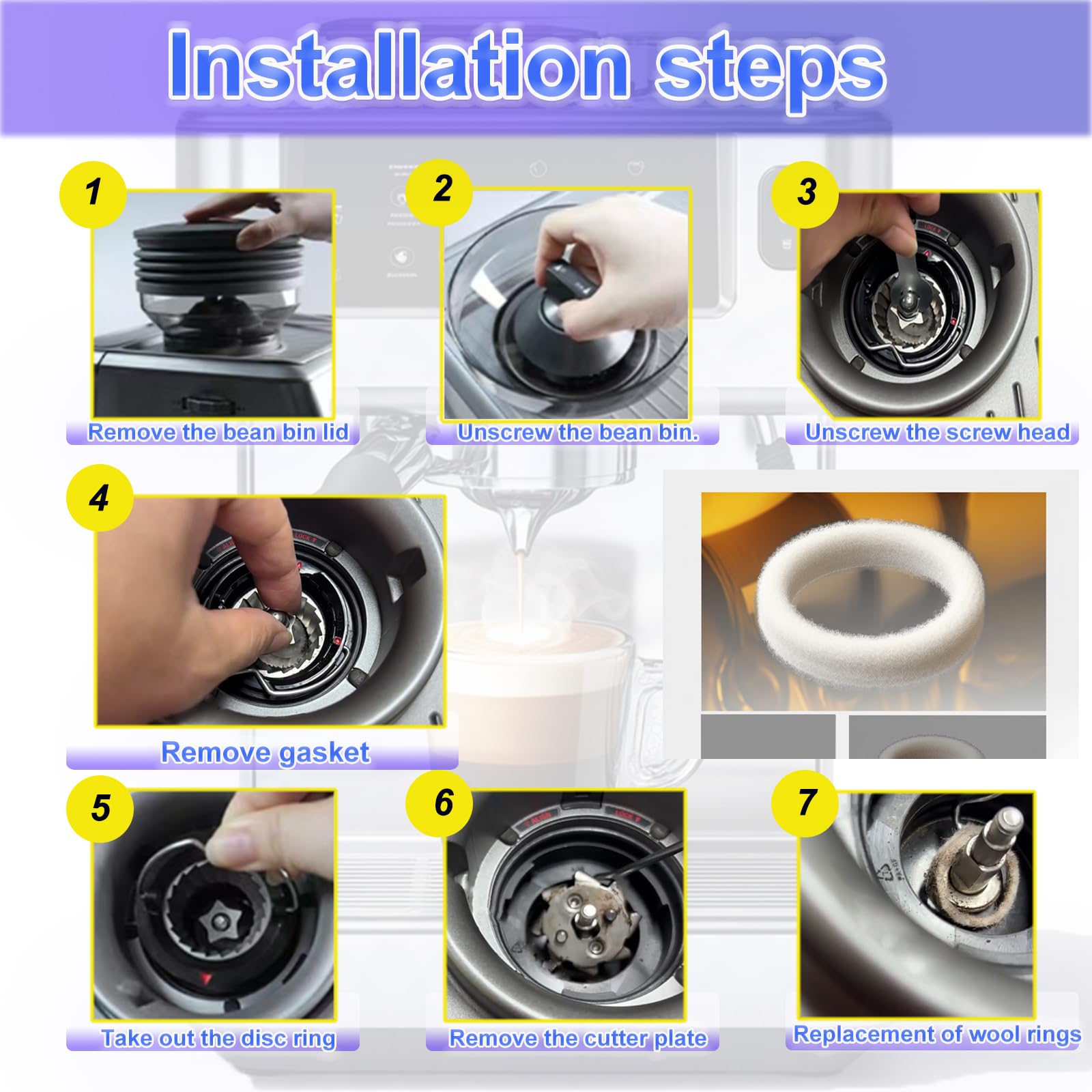 6-Piece Felt Washer Replacement for Breville Espresso Machine Grinders - Compatible with BES870/BES878/BES880/BES980/BCG820 Models, Espresso Grinder Felt Ring Eiranoly