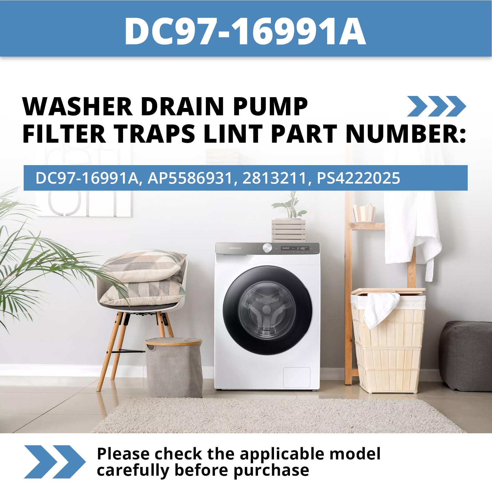DC97-16991A Washer Drain Pump Filter Replacement for Samsung Washer Coin Trap Leak Proof WF42H5000AW WF42H5000AW/A2 WF42H5200AW/A2 WF45K6500AW/A2 WF45M5500A/WF45M5100A W45R6100A WF50K7500A