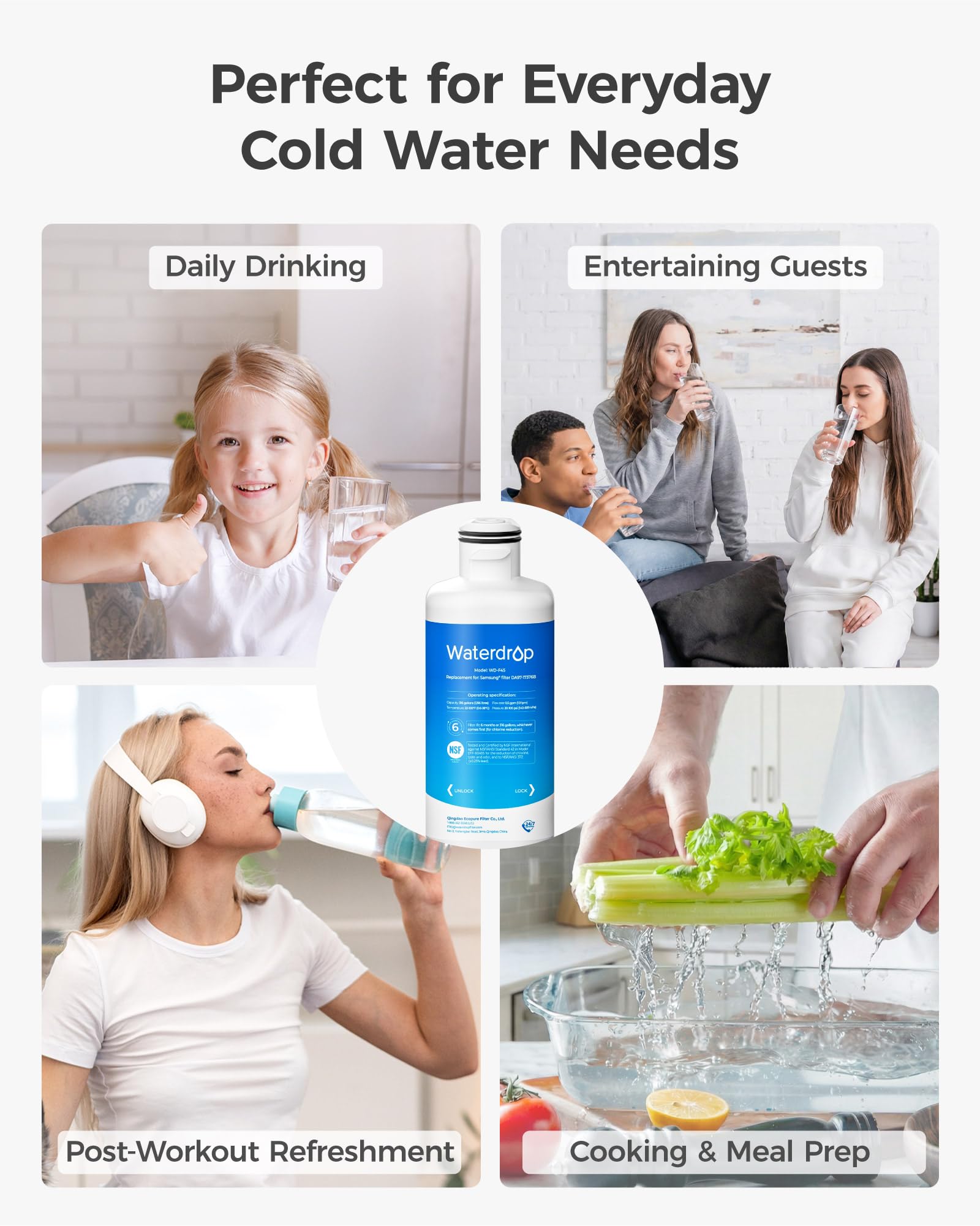 Waterdrop WD-F45 Water Filter, Replacement for Samsung® DA97-17376B, 3 Pack