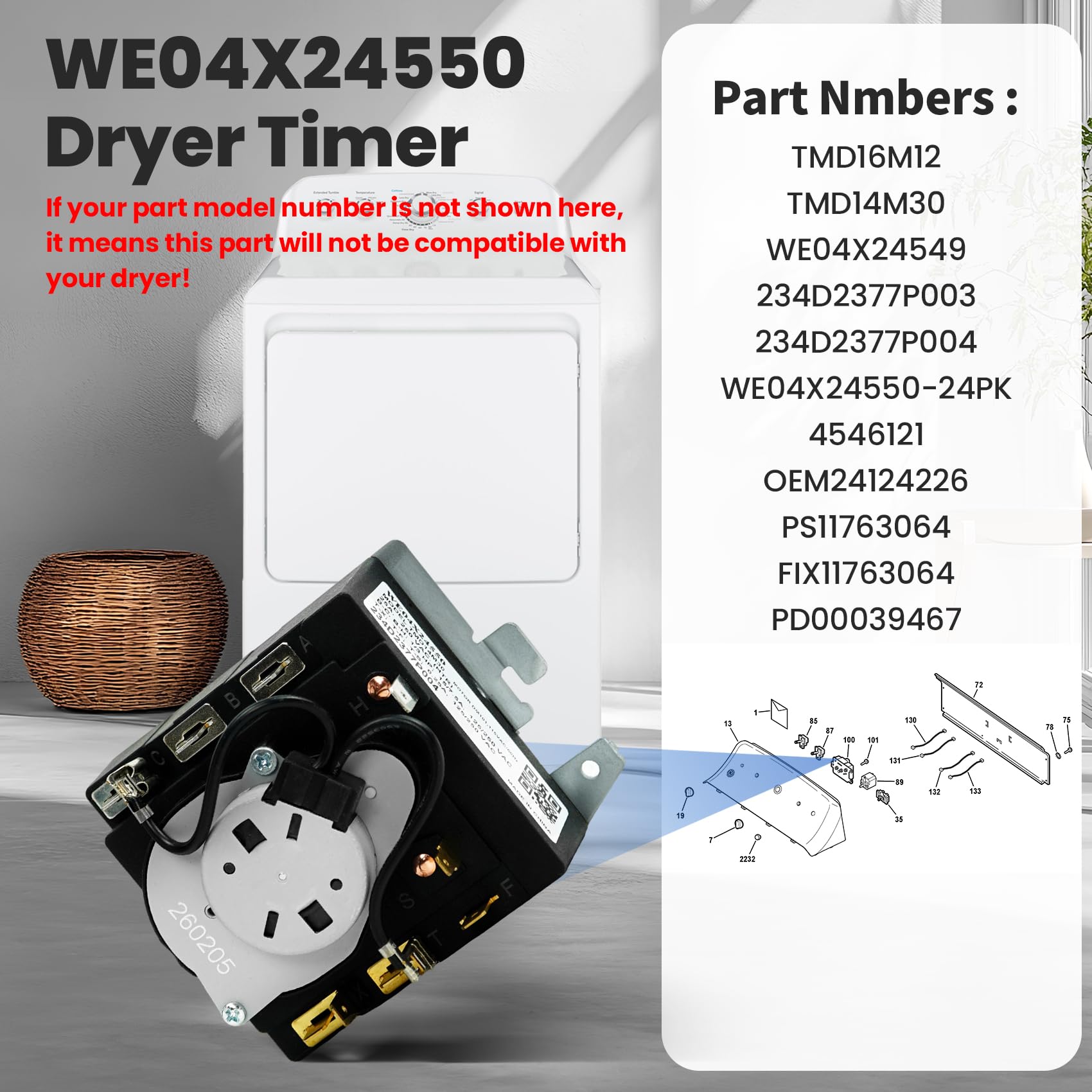 WE04X24550 Dryer Timer Compatible with GE Timer GTD42EASJ2WW GTD48EASW0WB