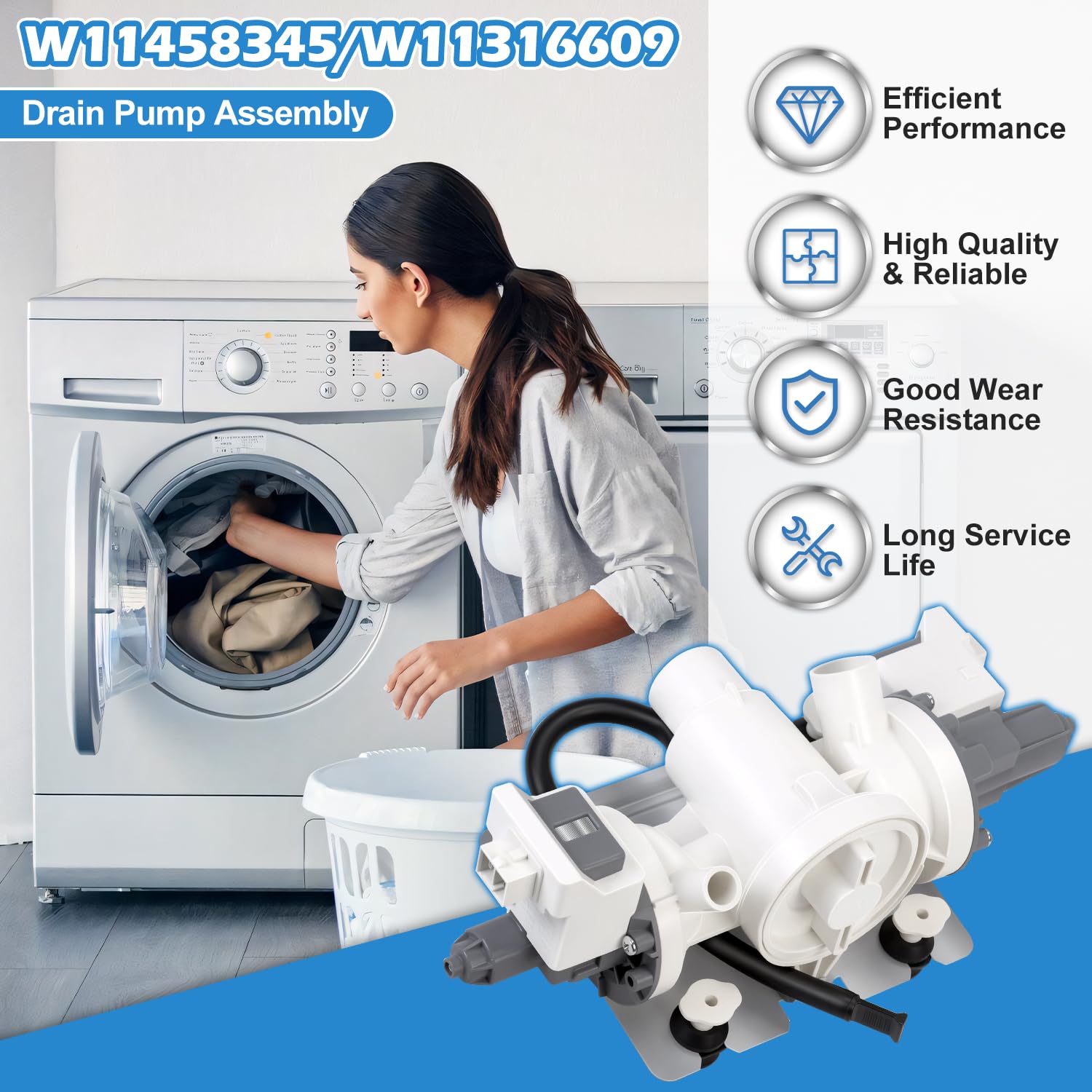 Upgraded W11458345 Washer Drain Pump W10918608 W11316609 W11319789 - Image 3