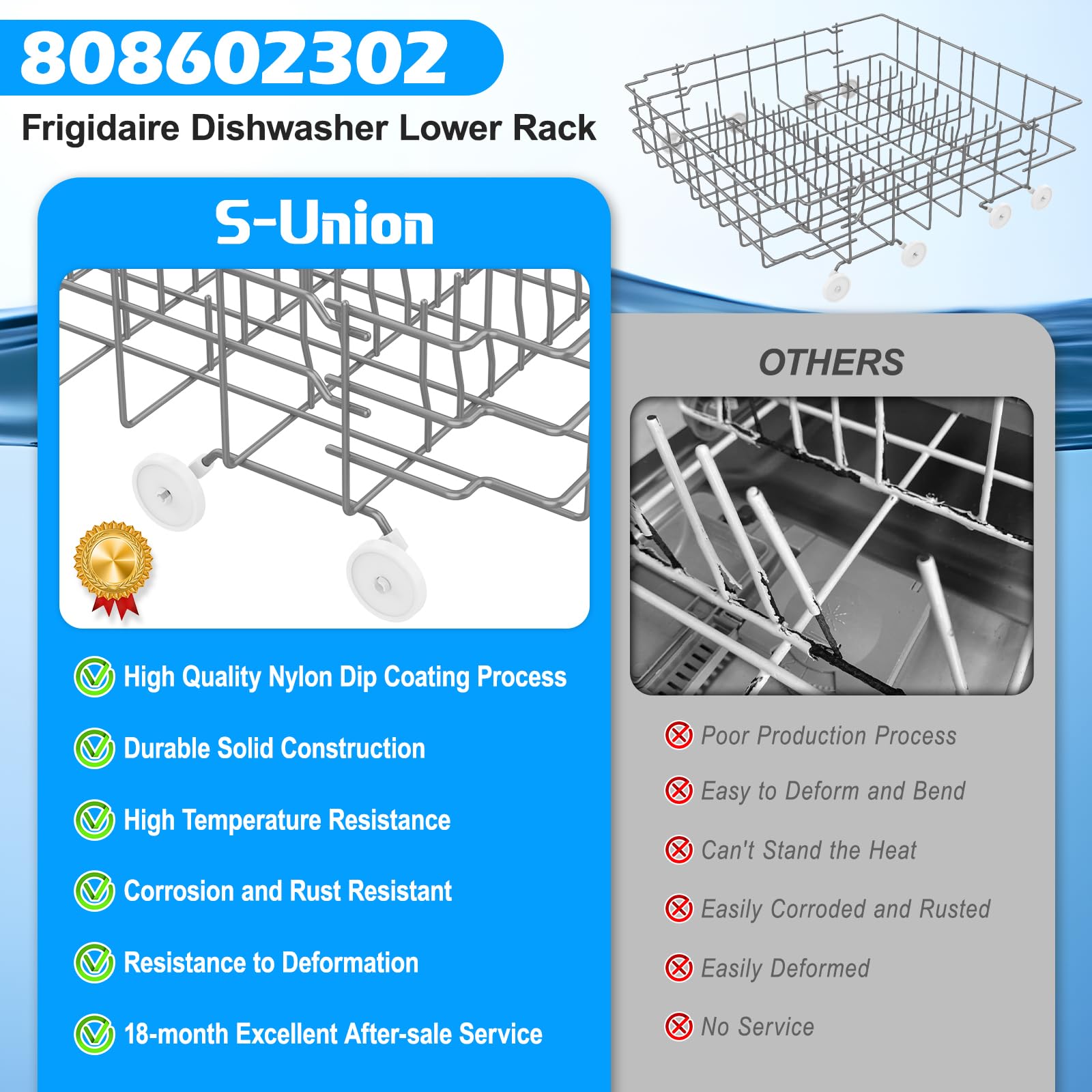 Upgraded 808602302 Dishwasher Lower Rack Compatible with Frigidaire Dishwasher Rack Parts,808602302 5304535768 154432601 FDB1050RES0 Frigidaire Kenmore Dishwasher Bottom Rack Replacement with Wheel - Image 6