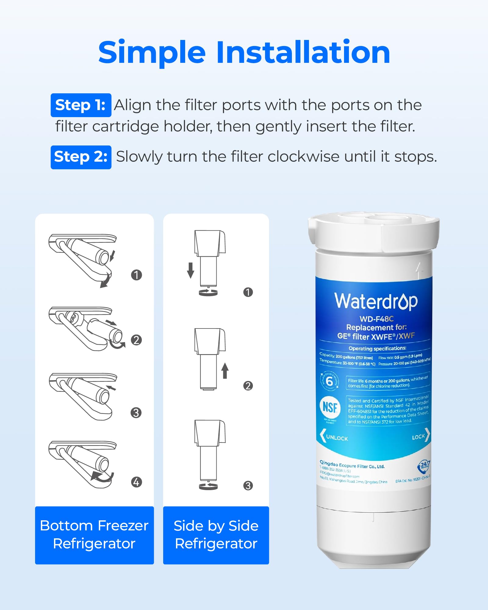 Waterdrop XWFE® Water Filter, Replacement for GE® XWFE®, Built-in Chip