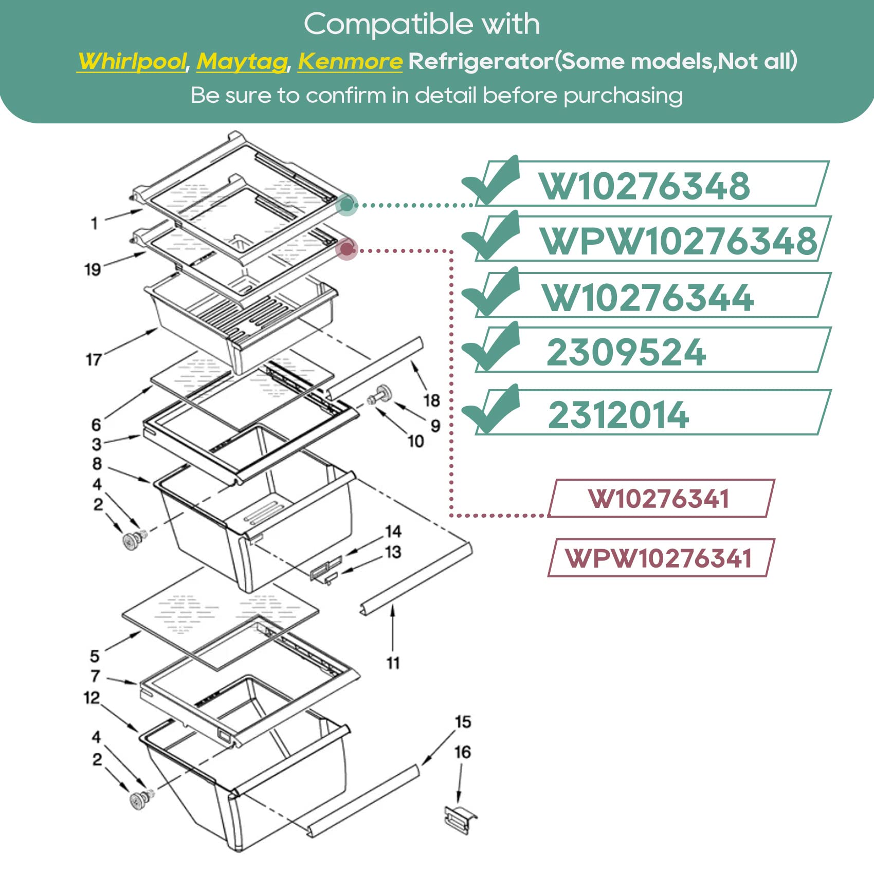 MONST W10276348, WPW10276348, W10276344, 2309524, 2312014 Glass Shelf Compatible with Whirlpool, Kenmore, maytag, Amana, Crosley, etc, Refrigerator (Some Models), Part Number : AP6018411, PS11751713