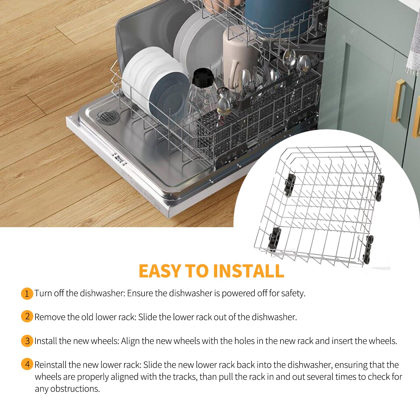Stainless Steel W10728159 Dishwasher Lower Rack Replacement for KitchenAid Maytag Dishwasher Parts with Wheels W10525646 KDFE104DSS2 Lower Dishrack 22" x 20.7" Whirlpool Dishwasher Bottom Rack Drawer