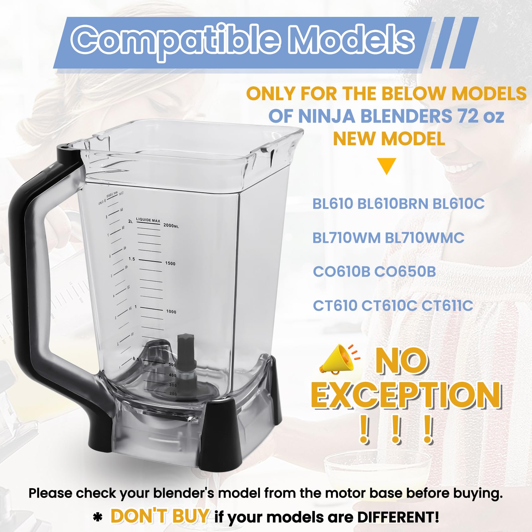 WARDFYT Replacement Pitcher 72 oz XL Compatible with Ninja Blender (New Model) BL610, 72oz Crushing Pitchers Replacement for Ninja BL710WM BL710WMC CO610B CO650B CT610