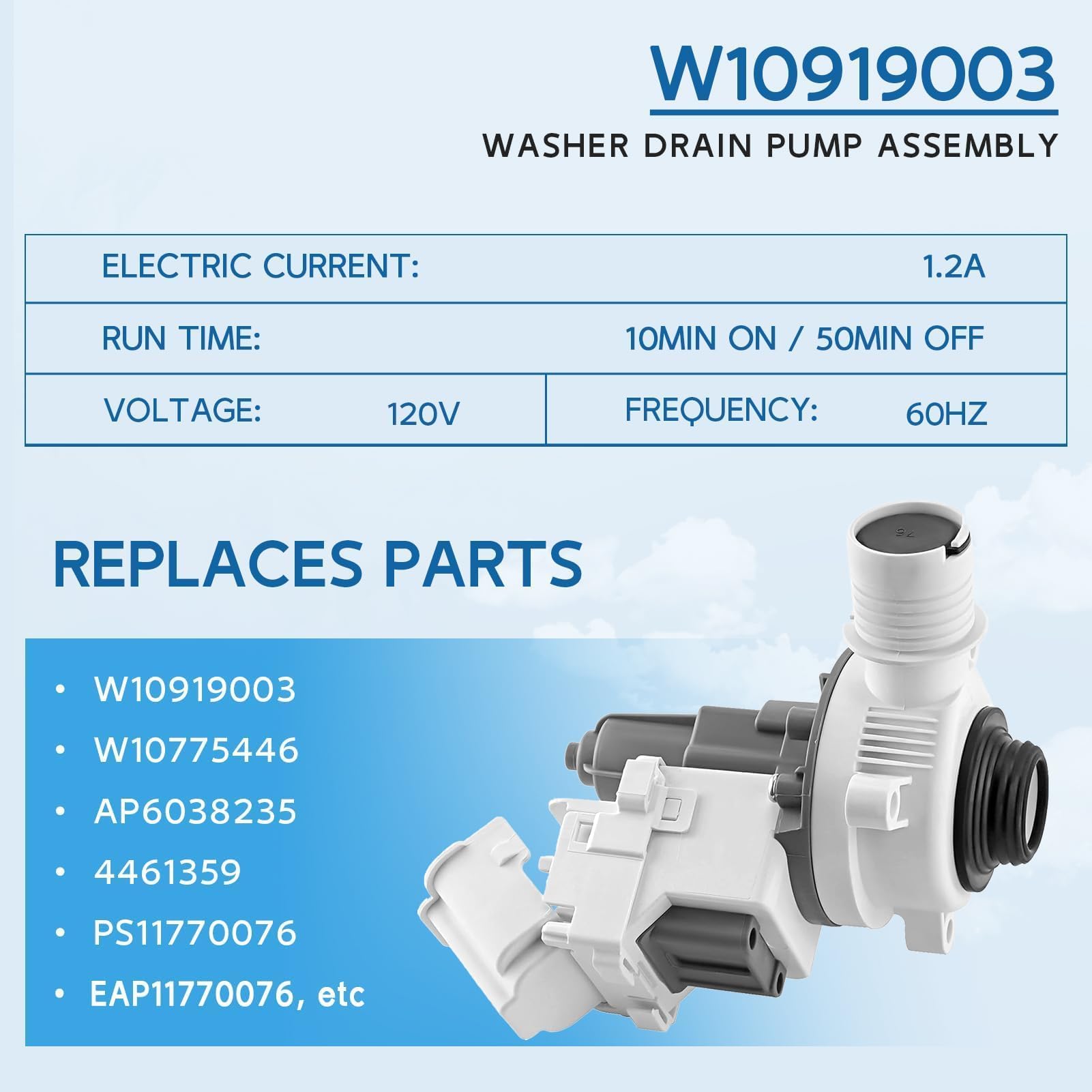 Upgraded W10919003 W10775446 Washer Drain Pump Assembly for Whirlpool Maytag Kenmore Amana Washing, Replaces WTW4816FW3 NTW4519JW2 NTW4516FW3 AP6038235 EAP11770076 PD00042517 Washer Drain Pump
