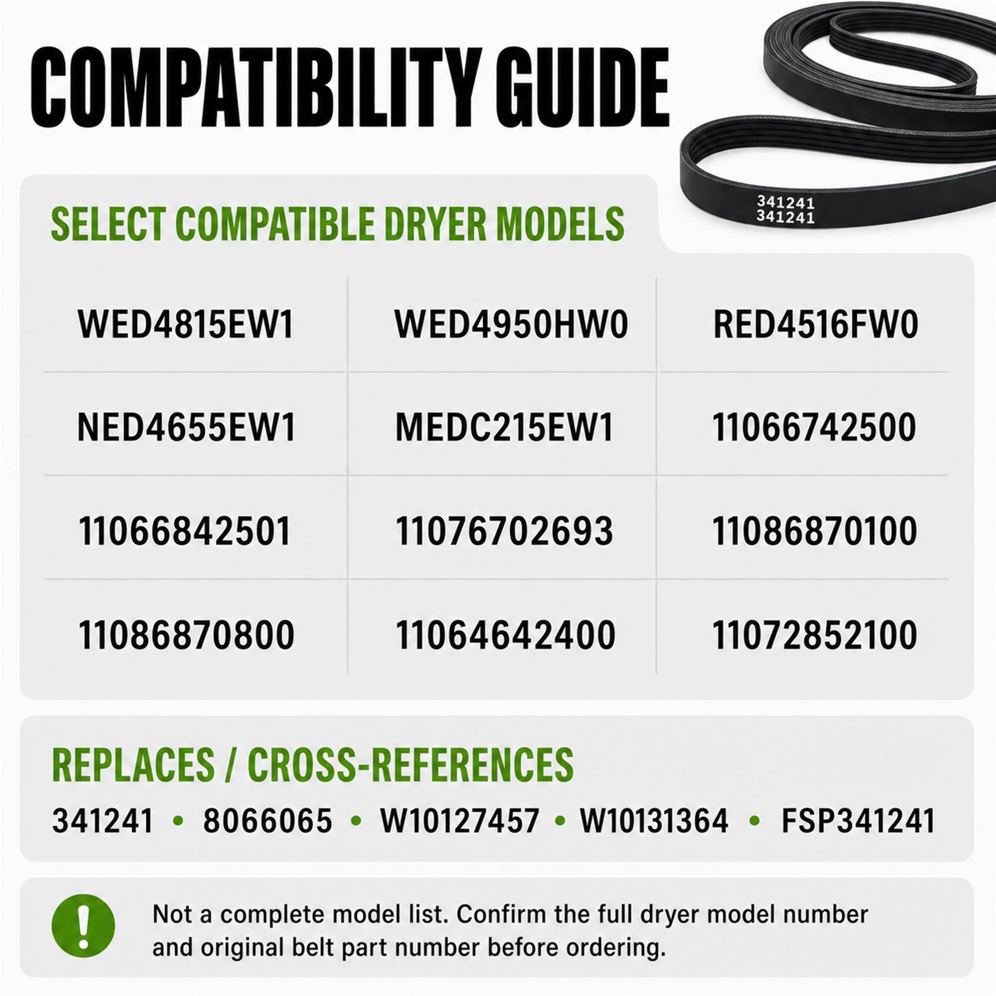 JZWON 341241 Dryer Drum Drive Belt, 92.25-Inch x 0.25-Inch 4-Rib 3-Groove Replacement, Replaces 8066065 AP2946843 W10127457 PS346995 FSP341241, for Select Whirlpool Kenmore Roper Amana Maytag Dryers