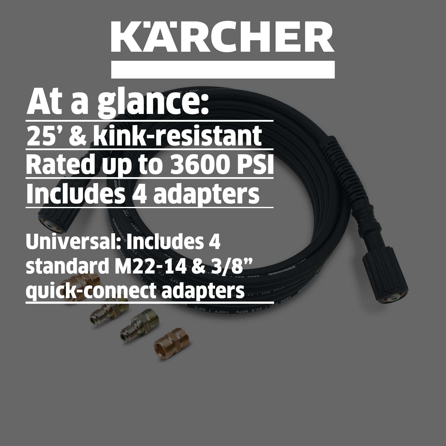 Kärcher 25' High Pressure Extension Hose for Pressure Washers up to 3600 PSI - with Adapters Included - Quick Connect or M22 Fitting