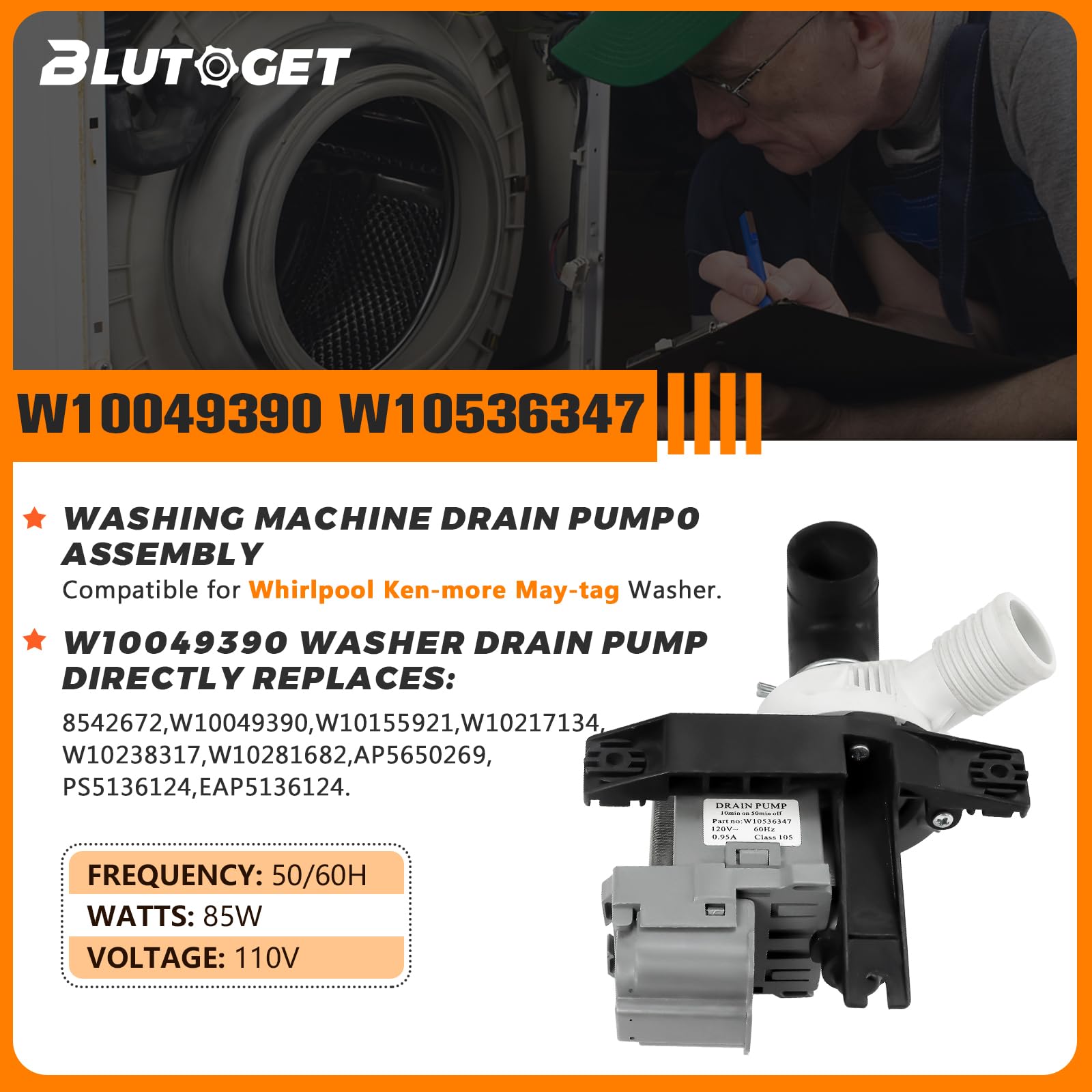2026 UPGRADED W10536347 W10155921 W10049390 Washer Drain Pump-Sturdy Long Lasting Pump-Fit for Whirlpool Kenmore Maytag Washer AP5650269 W10217134 W10281682 with 3 Mounting Screws-365 DAYS by Blutoget