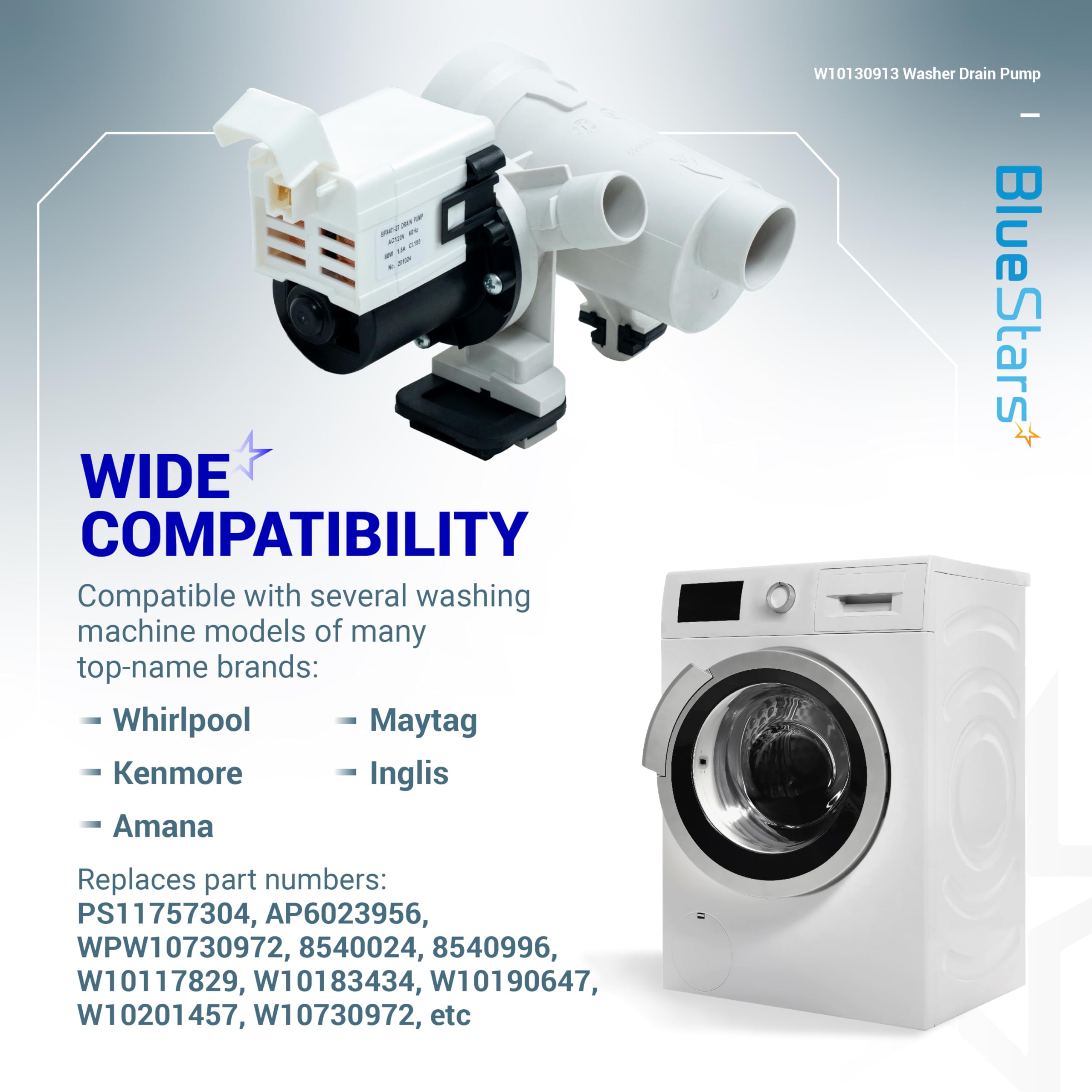 BlueStars WPW10730972 W10130913 8540024 Washer Drain Pump Assembly - Image 5