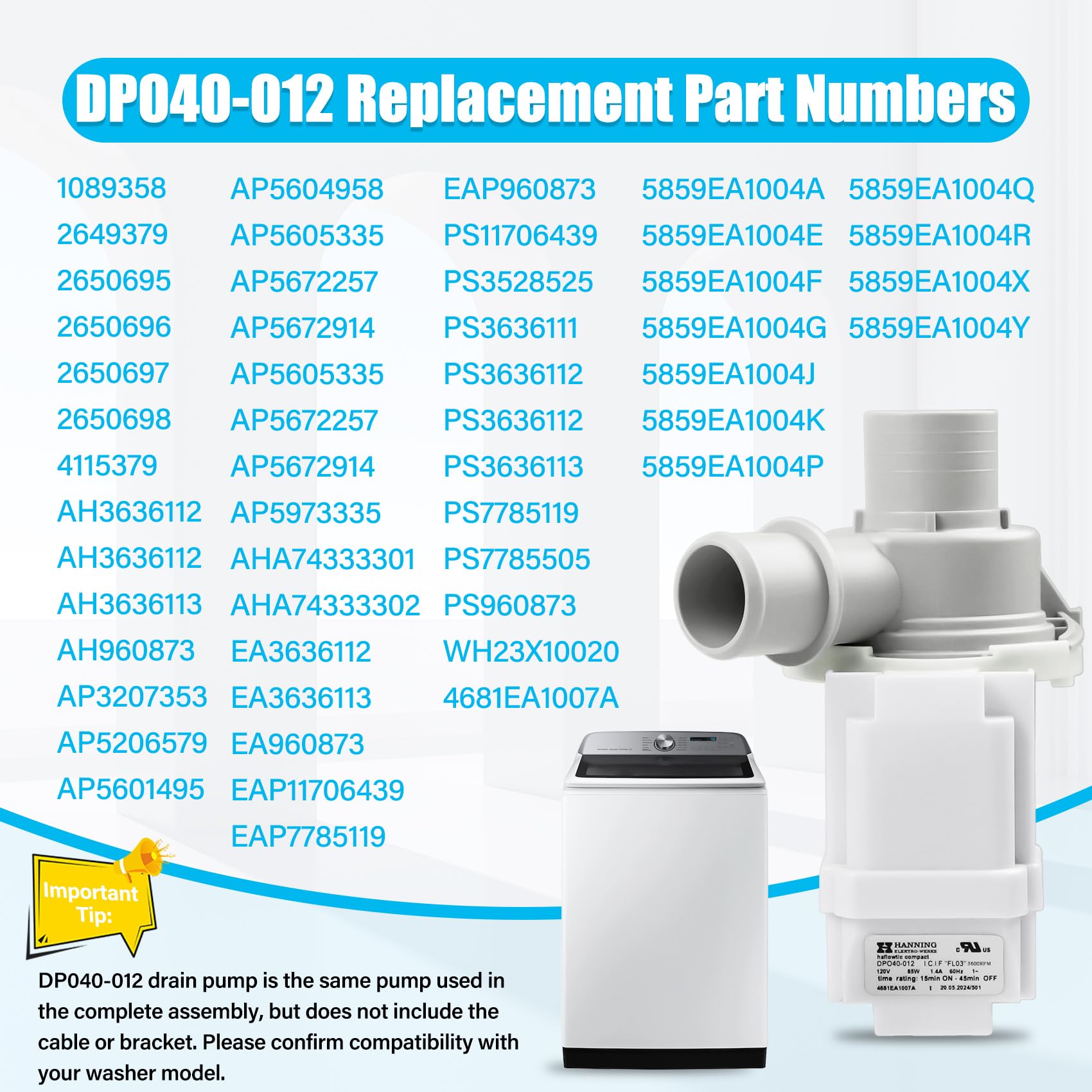 4681EA1007A DP040-012 Washer Drain Pump Assembly(OEM) Compatible with LG WT1501CW WT1201CV WT1201CW WT4870CW, Kenmore 796.31513210 and More, Replacement Parts 2649379 AP5672914 EAP7785119 PS7785119