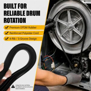 JZWON 341241 Dryer Drum Drive Belt, 92.25-Inch x 0.25-Inch 4-Rib 3-Groove Replacement, Replaces 8066065 AP2946843 W10127457 PS346995 FSP341241, for Select Whirlpool Kenmore Roper Amana Maytag Dryers