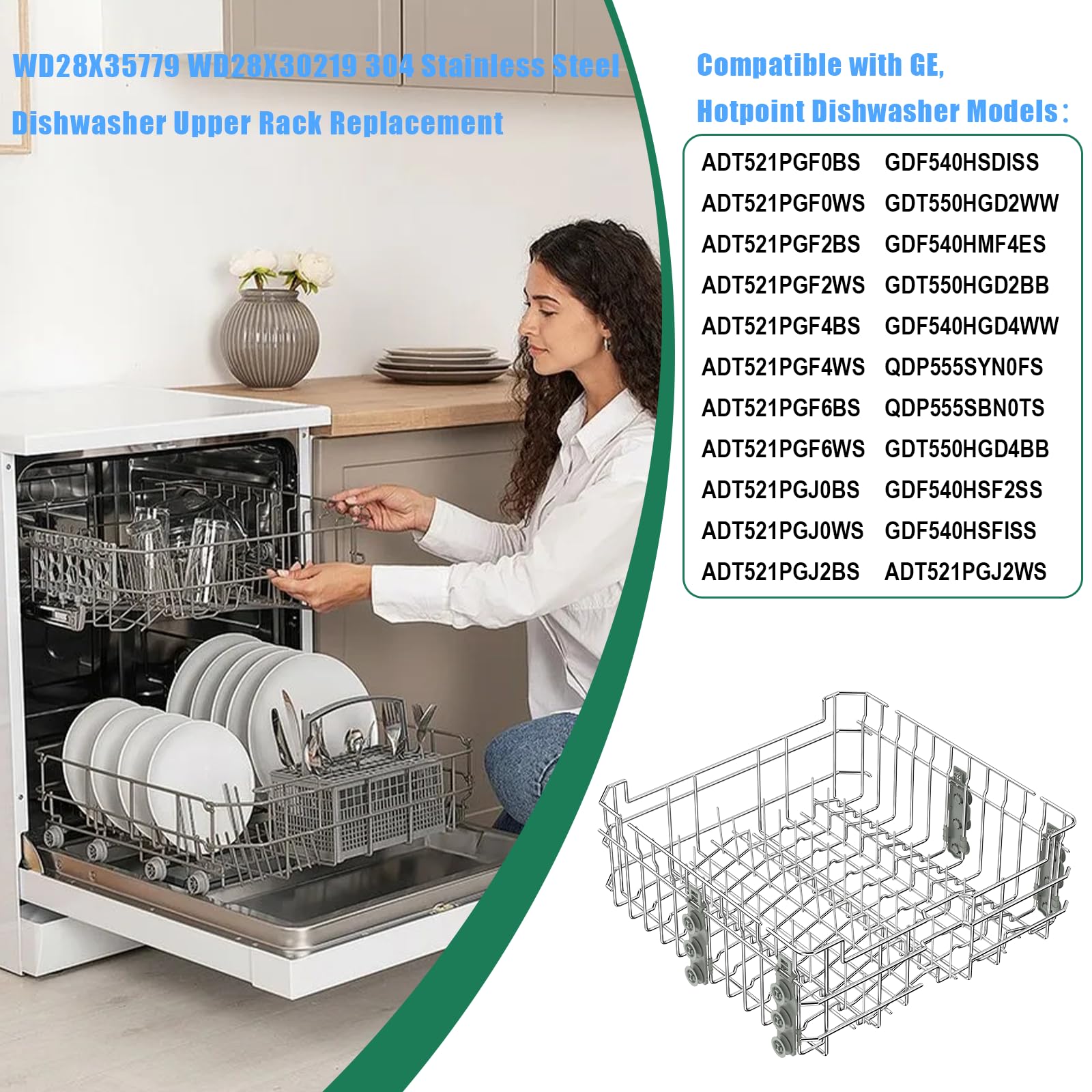 Upgraded 304 Stainless Steel WD28X35779 WD28X30219 Dishwasher Upper Rack Replacement for GE Dishwasher Rack Parts Hotpoint Models ADT521PGF0BS ADT521PGF0WS with WD12X22801 Wheels
