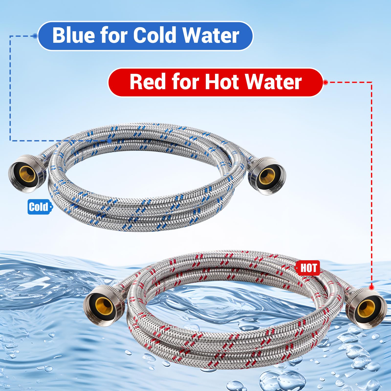 Yejesiy 4 Ft Washing Machine Hoses, 2 Packs Premium Stainless Steel Washer Hoses Burst Proof, Hot and Cold Striped Water Supply Hoses with 3/4'' Standard Interface fit for ALL Washer - Image 3