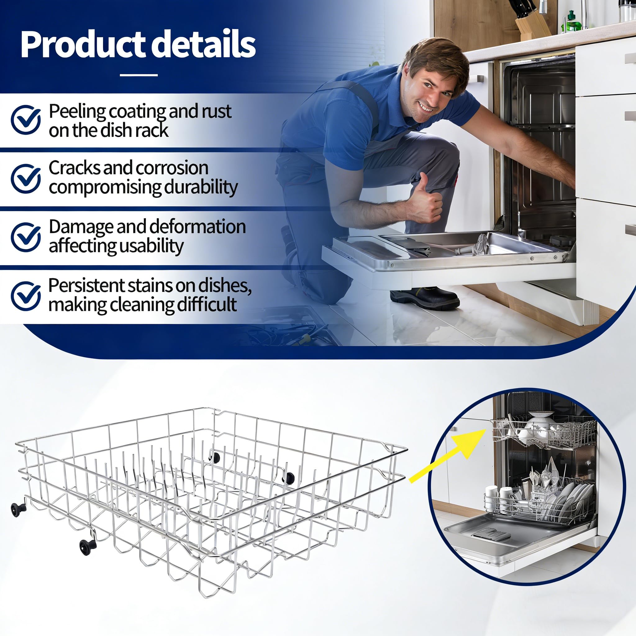 5304535380 Dishwasher Upper Dishrack Replacement, Compatible With Kenmore Crosley Frigidaire Models, Durable Dishwasher Upper Rack, 154331502 5304498202 5304498220 5304517202 5304517201 AP7215765 - Image 6