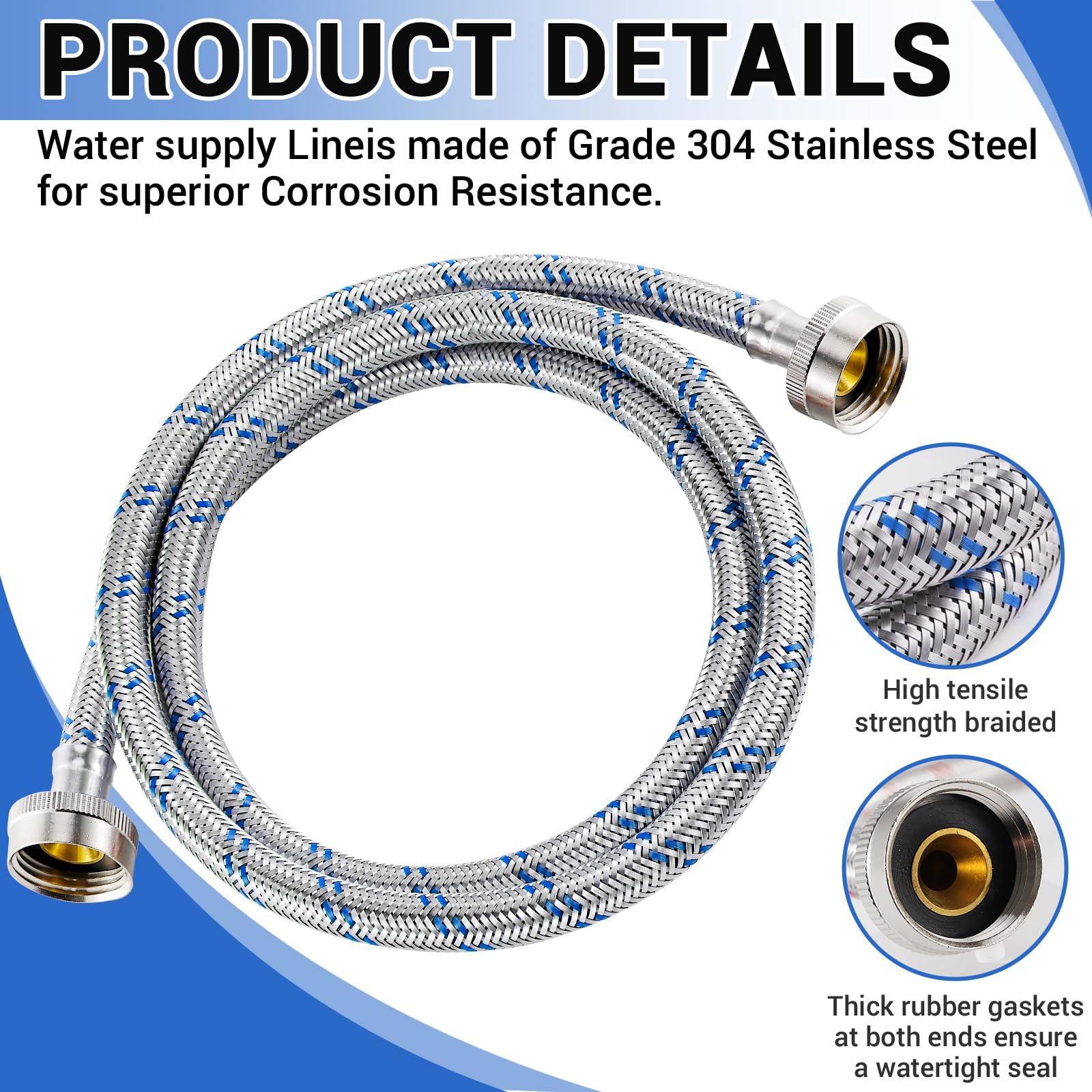 Yejesiy 4 Ft Washing Machine Hoses, 2 Packs Premium Stainless Steel Washer Hoses Burst Proof, Hot and Cold Striped Water Supply Hoses with 3/4'' Standard Interface fit for ALL Washer - Image 5