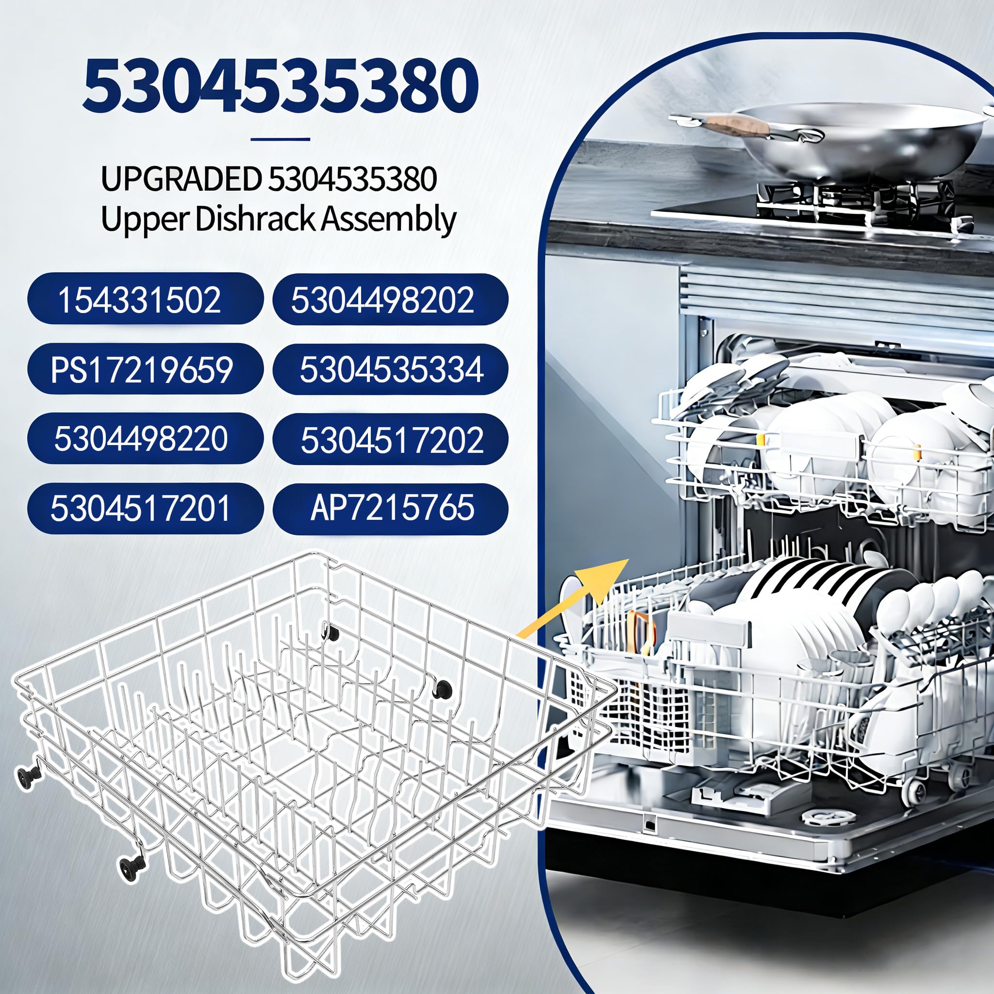 5304535380 Dishwasher Upper Dishrack Replacement, Compatible With Kenmore Crosley Frigidaire Models, Durable Dishwasher Upper Rack, 154331502 5304498202 5304498220 5304517202 5304517201 AP7215765 - Image 5