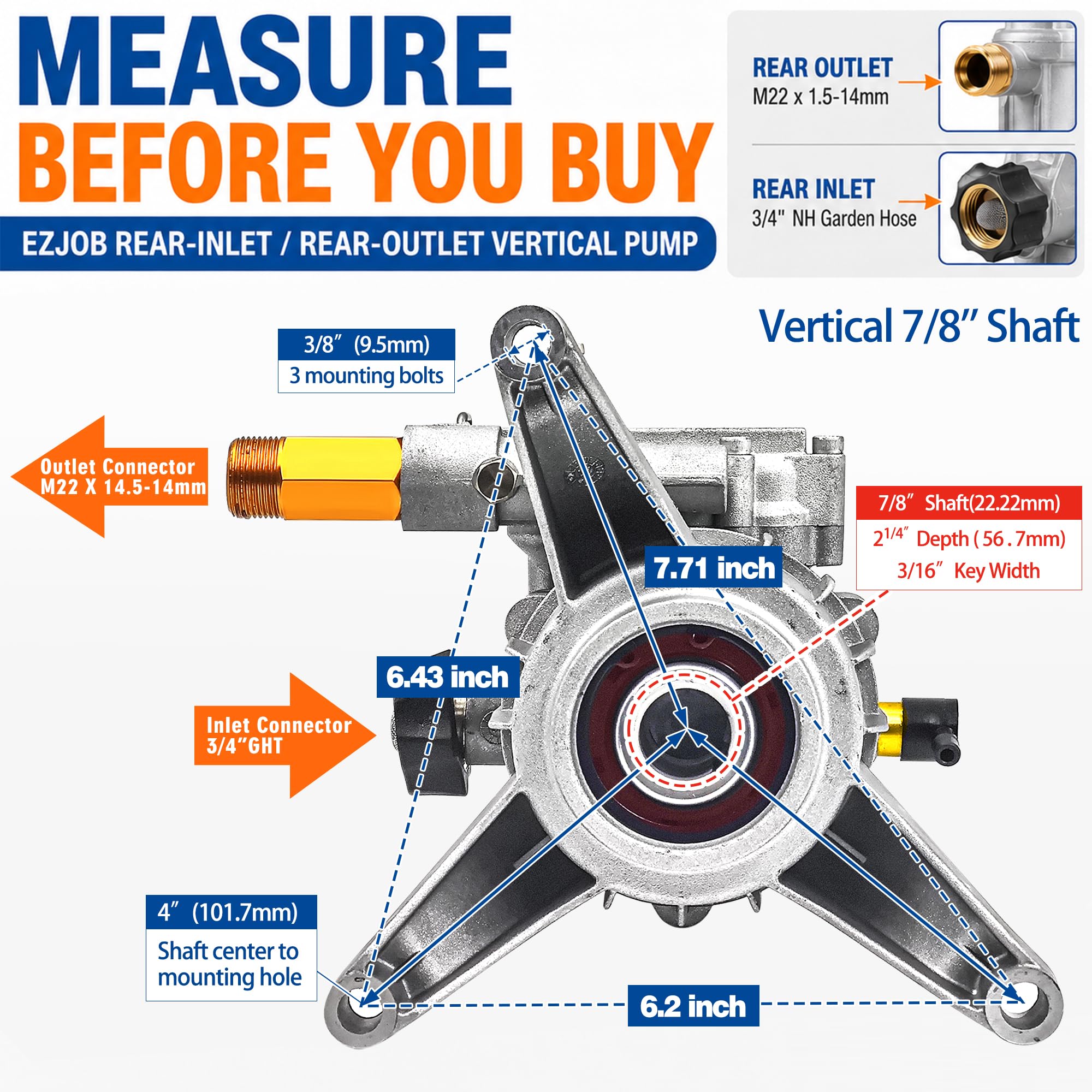 2400-2800PSI Pressure Washer Pump Replacement, Vertical 7/8'' Shaft 2.5 GPM - Image 8