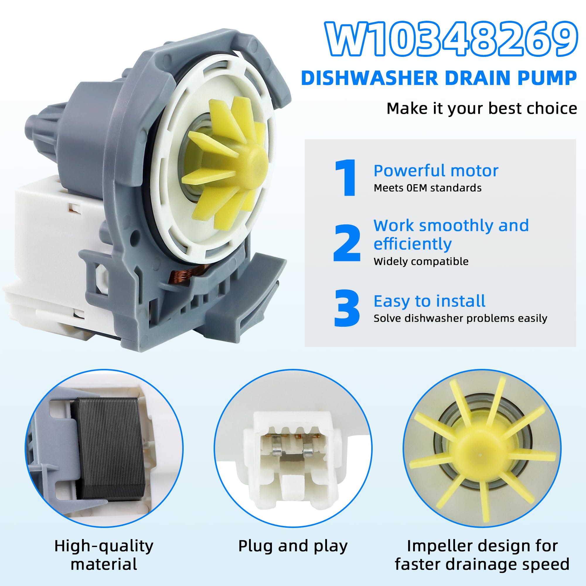 W10348269 Dishwasher Drain Pump Fit for Kenmore Whirlpool may-tag Dishwasher WDT750SAHZ0, WDF520PADM7, WDT730PAHZ0, WPW10348269, W10084573, W10158351, AP6020066, 661662, 8565839, 8558995 by AMI PARTS - Image 5