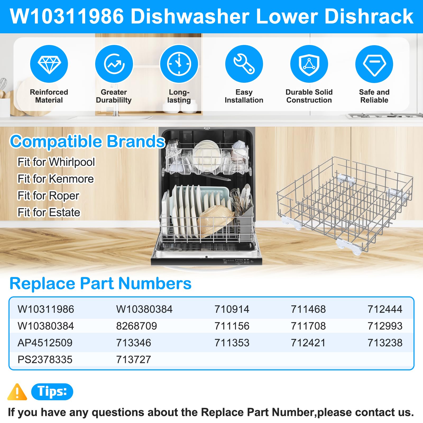 UPGRADED W10311986 W10380384 Dishwasher Lower Rack Assembly for Whirlpool Kenmore Dishwasher Rack Replacement Parts,W10311986 W11158802 Whirlpool Dishwasher Bottom Rack with Wheel Dishrack - Image 6